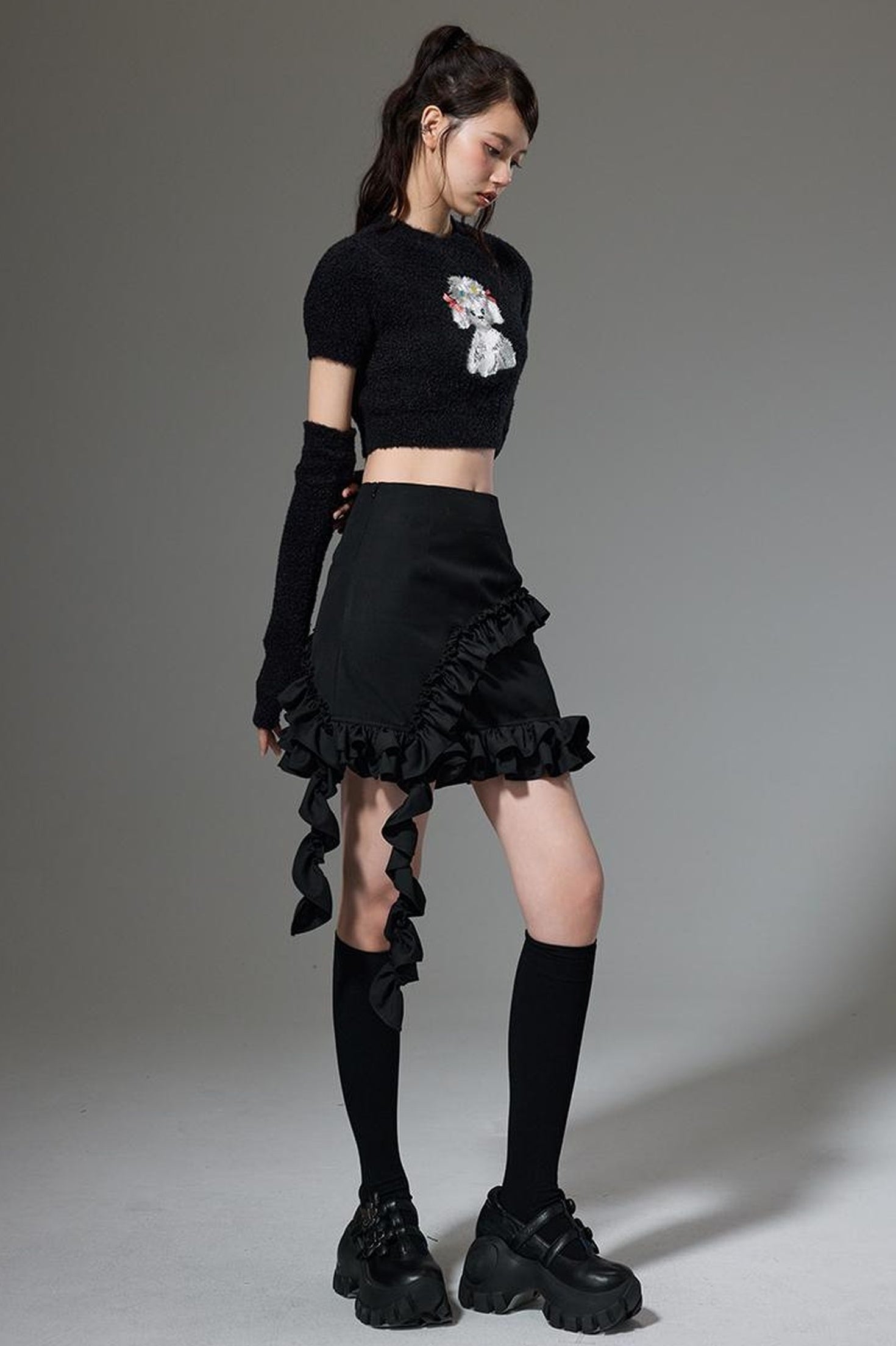 DIDDI MODA Hanging Flounce A Line Skirt High Waist Asymmetrical Mini