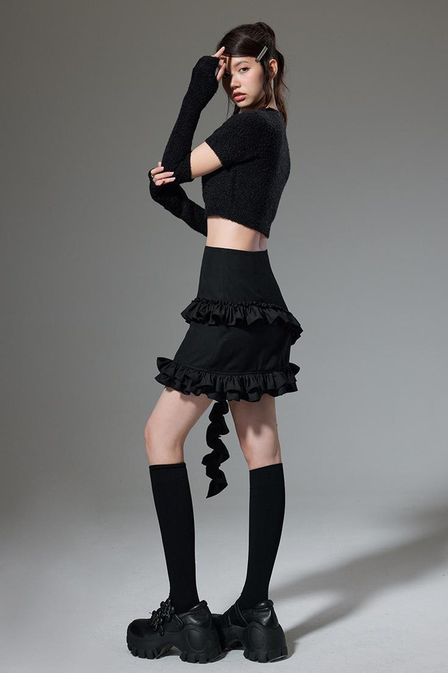 DIDDI MODA Hanging Flounce A Line Skirt High Waist Asymmetrical Mini