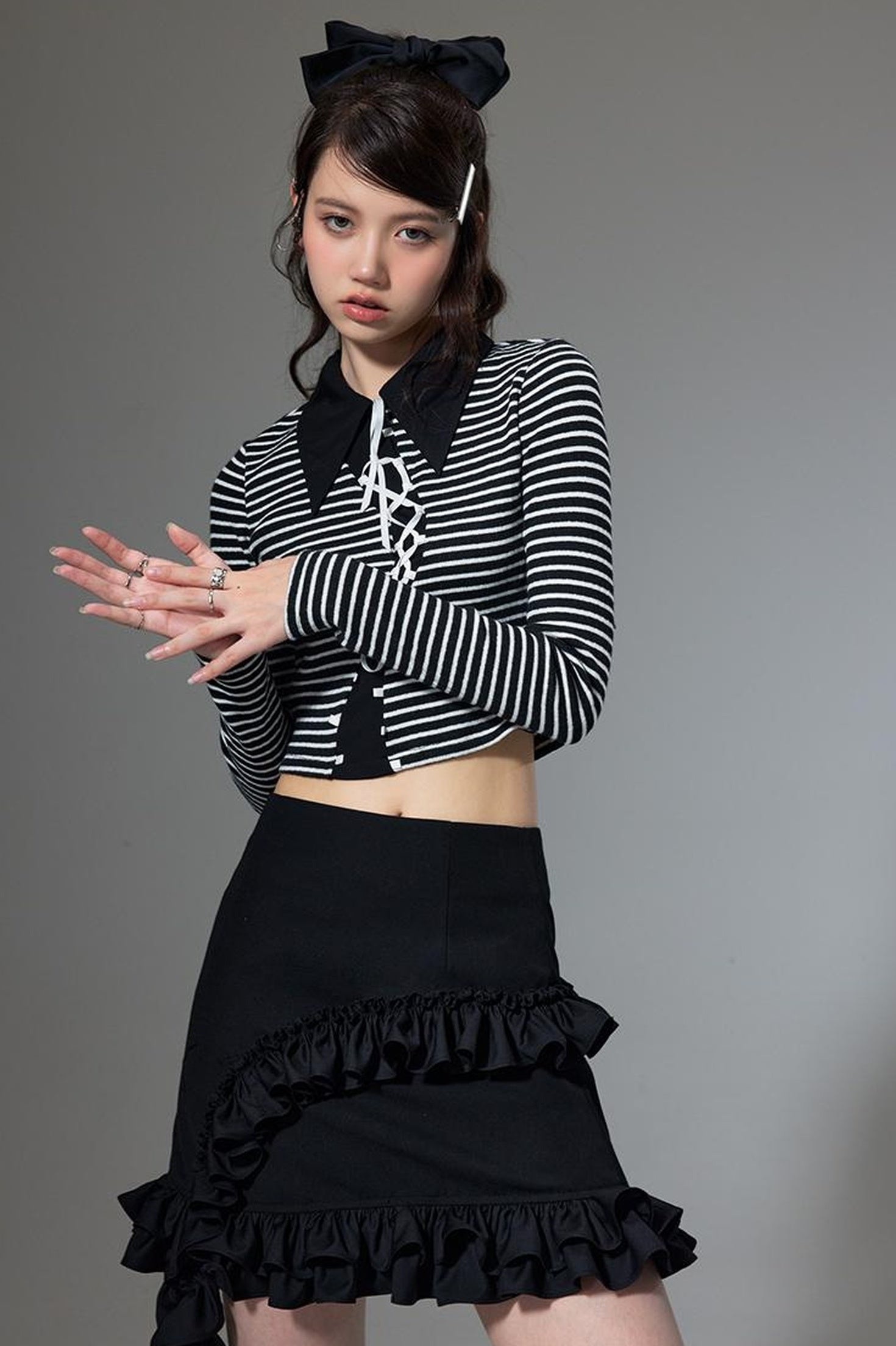 DIDDI MODA Hanging Flounce A Line Skirt High Waist Asymmetrical Mini