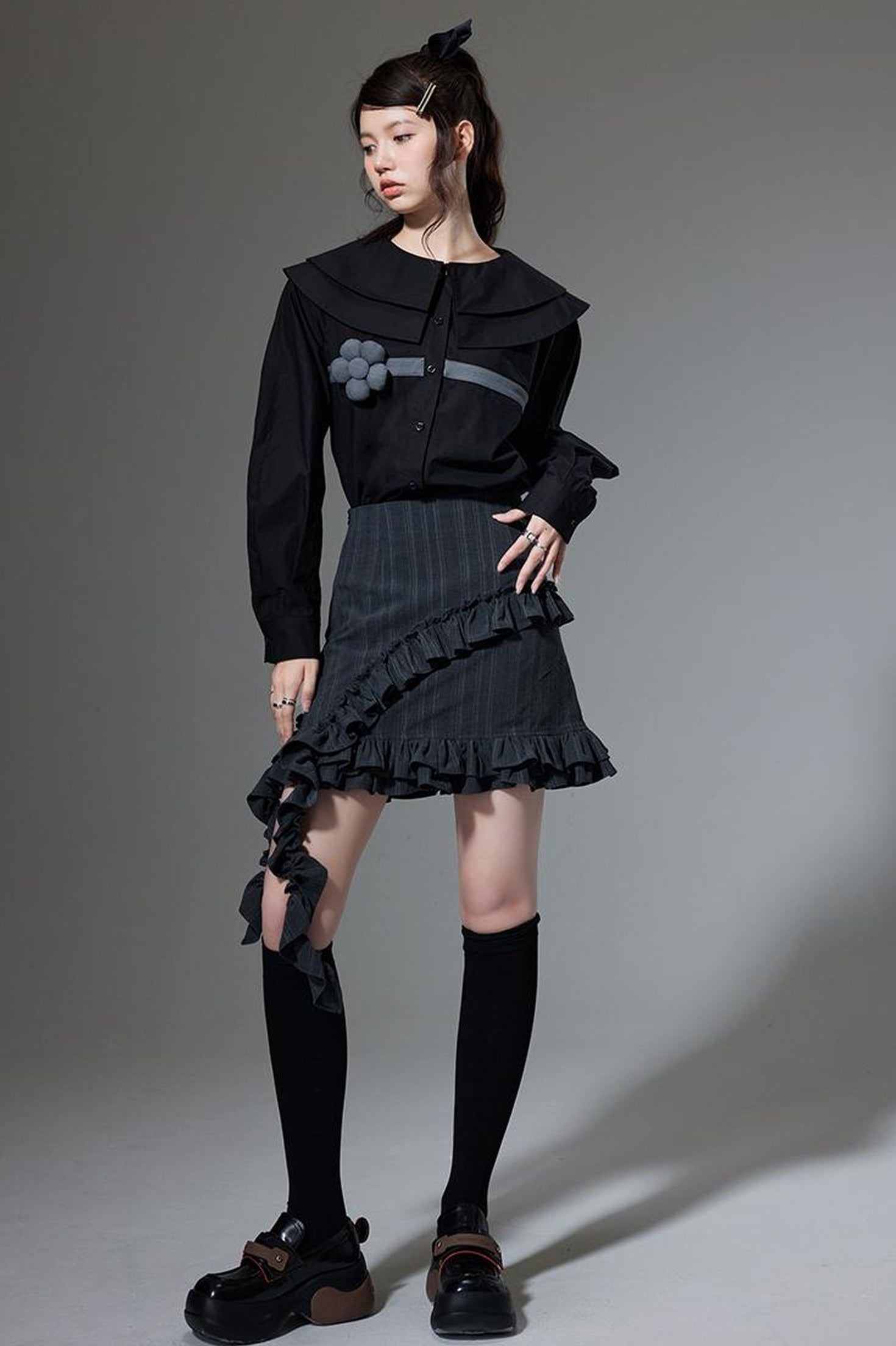 DIDDI MODA Hanging Flounce A Line Skirt High Waist Asymmetrical Mini