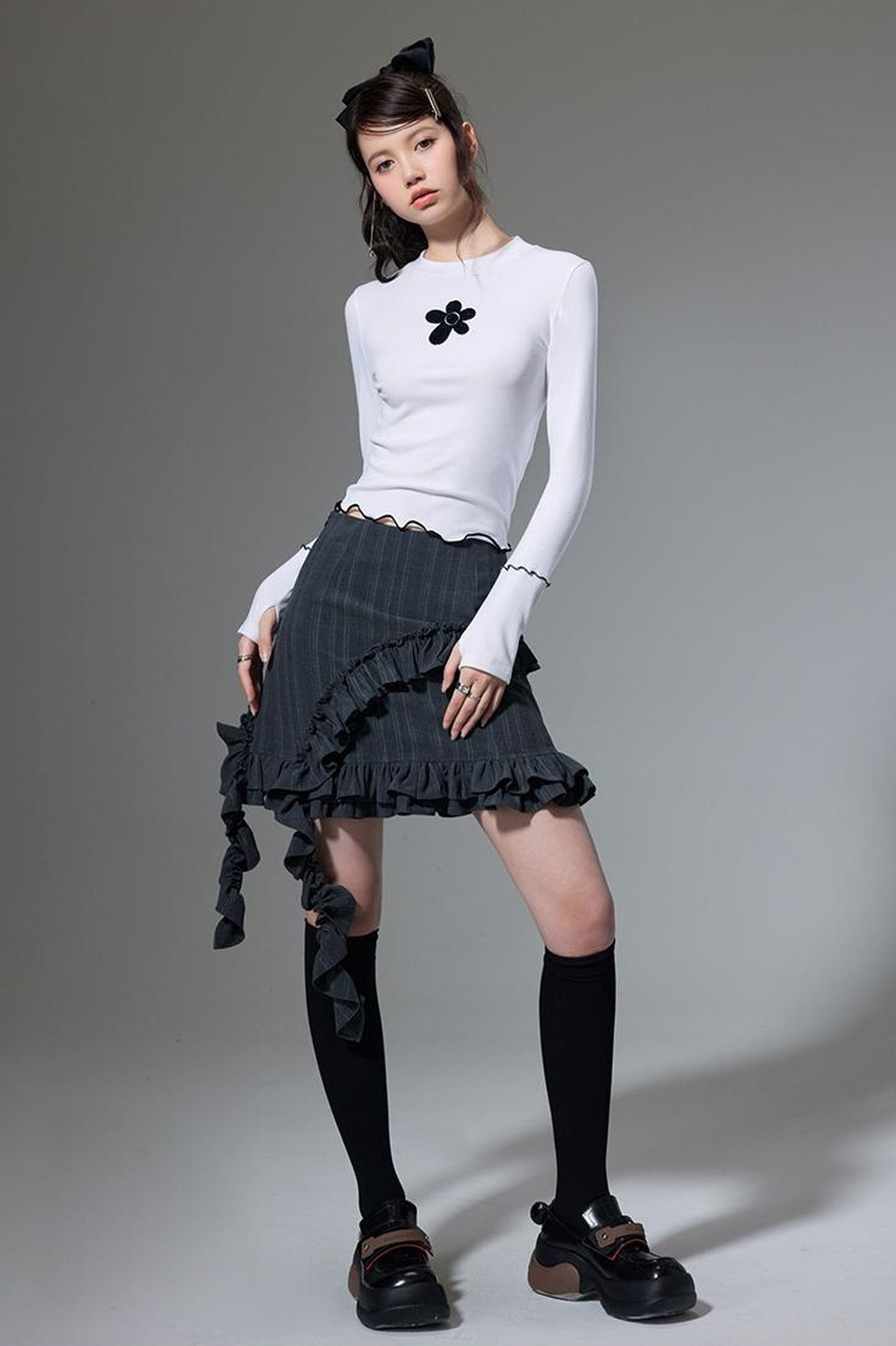 DIDDI MODA Hanging Flounce A Line Skirt High Waist Asymmetrical Mini