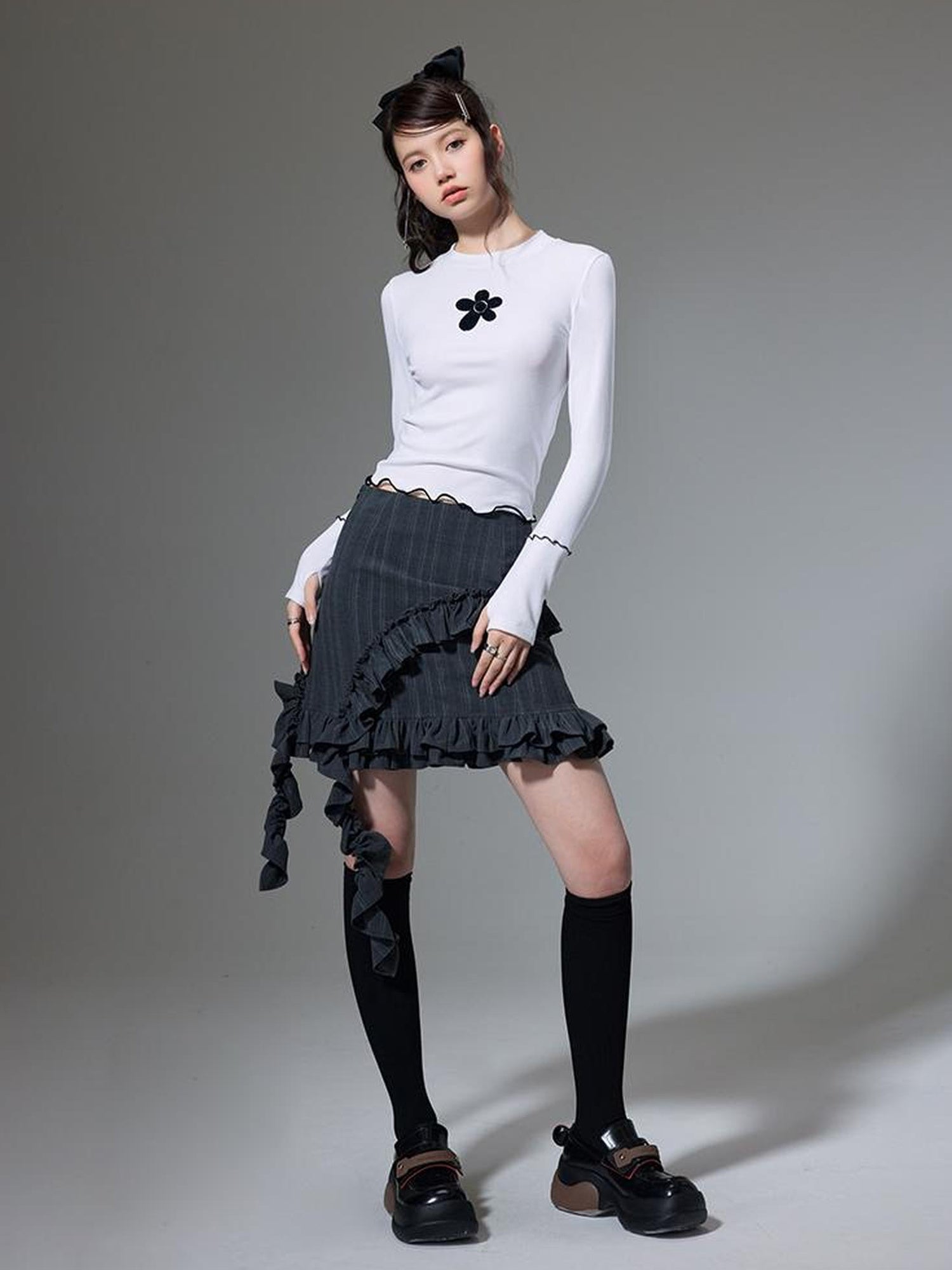 DIDDI MODA Hanging Flounce A Line Skirt High Waist Asymmetrical Mini