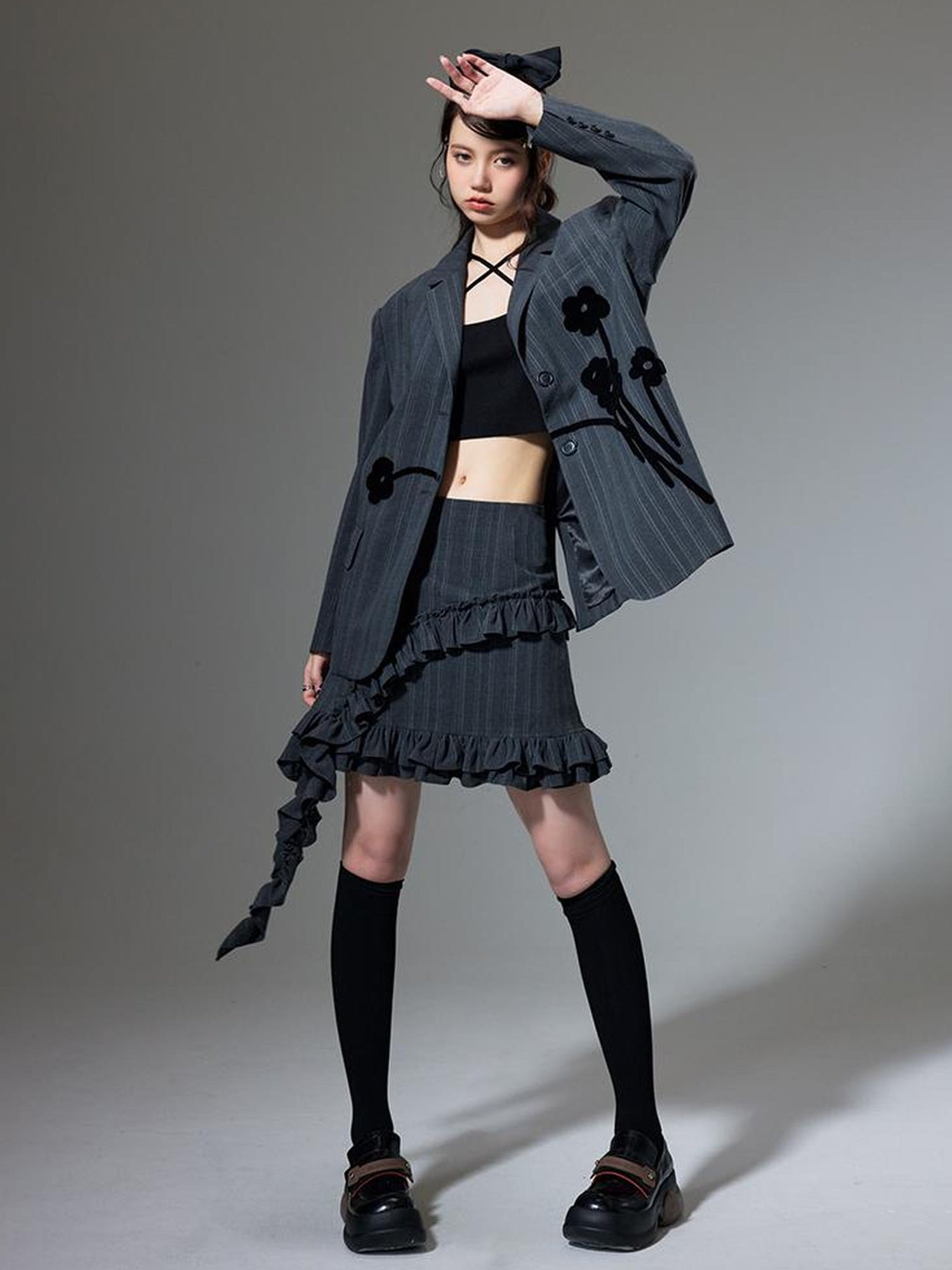 DIDDI MODA Hanging Flounce A Line Skirt High Waist Asymmetrical Mini