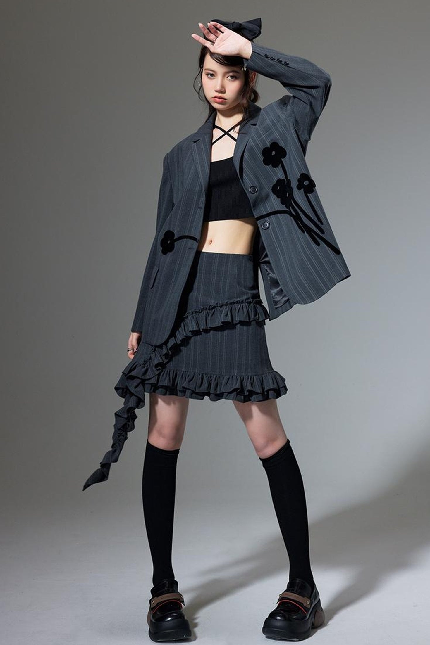 DIDDI MODA Hanging Flounce A Line Skirt High Waist Asymmetrical Mini