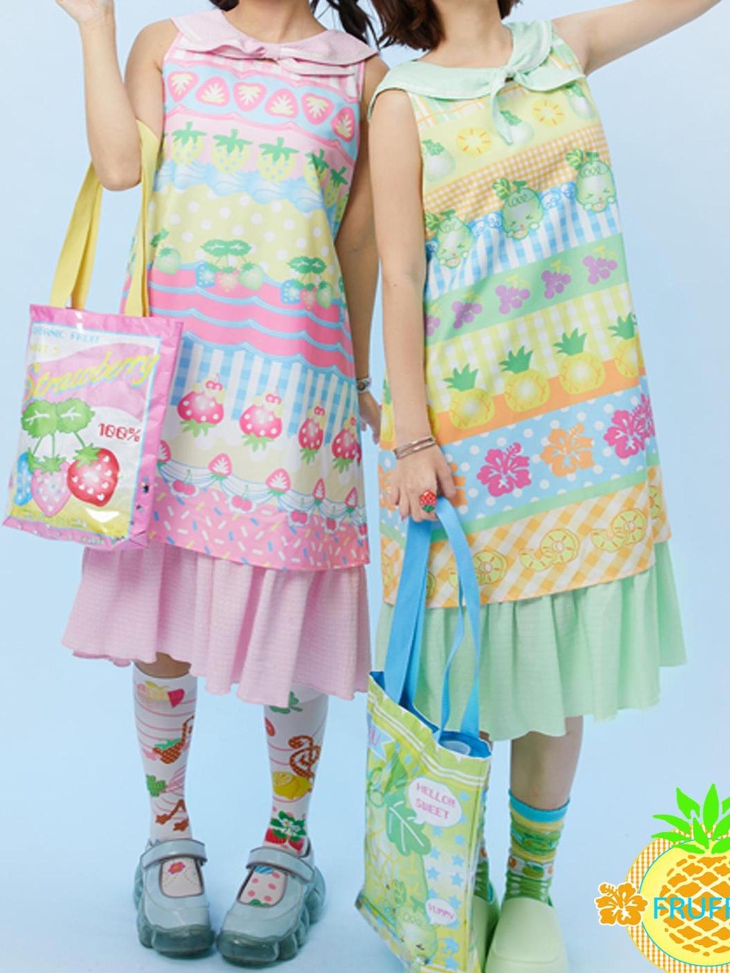 Frufru Gulu Hawaii Dream Fruit Print Summer Sailor Collar Dress