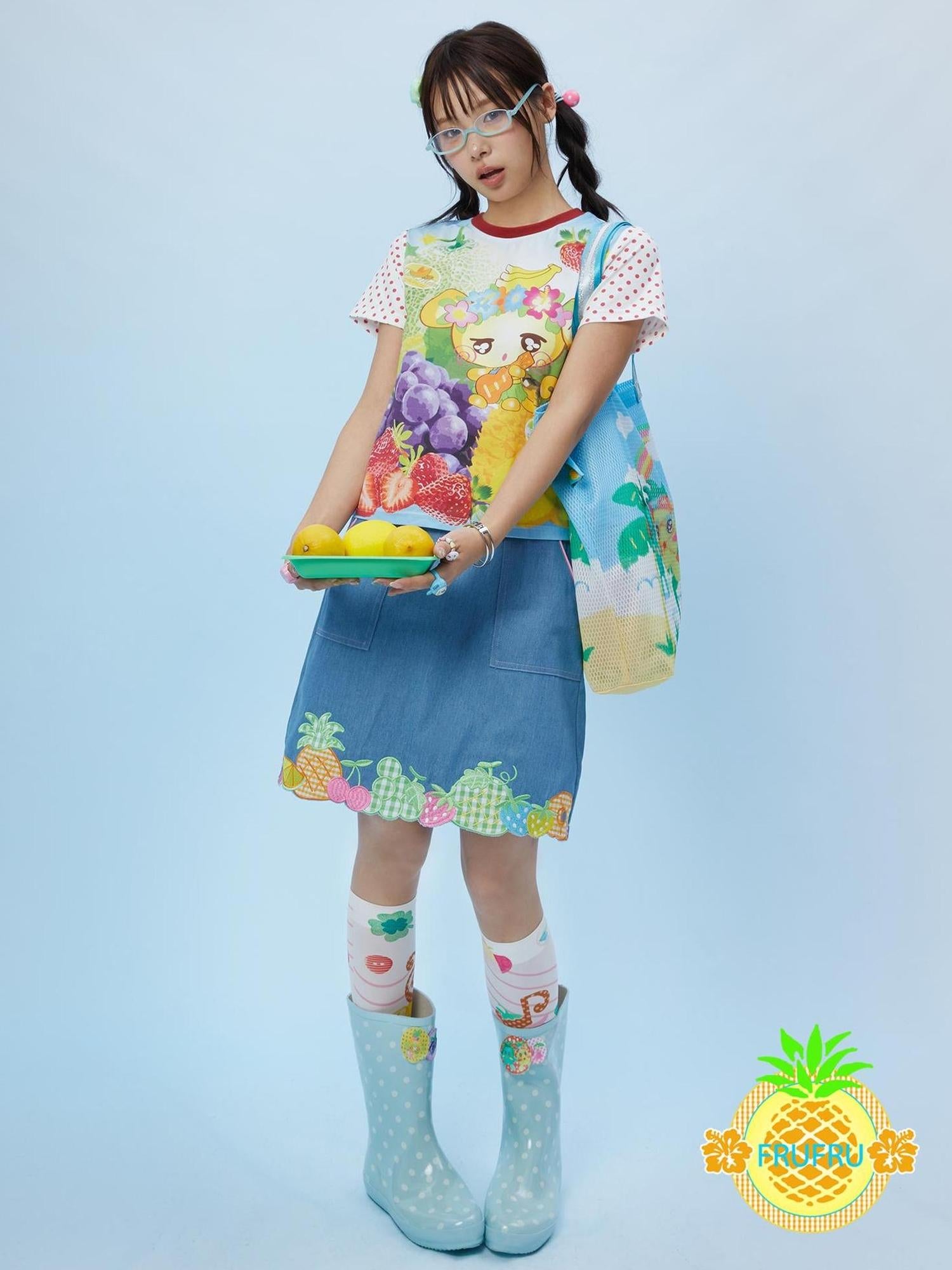 Frufru Gulu Hawaiian Dream Fruit Embroidery Denim Skirt Blue