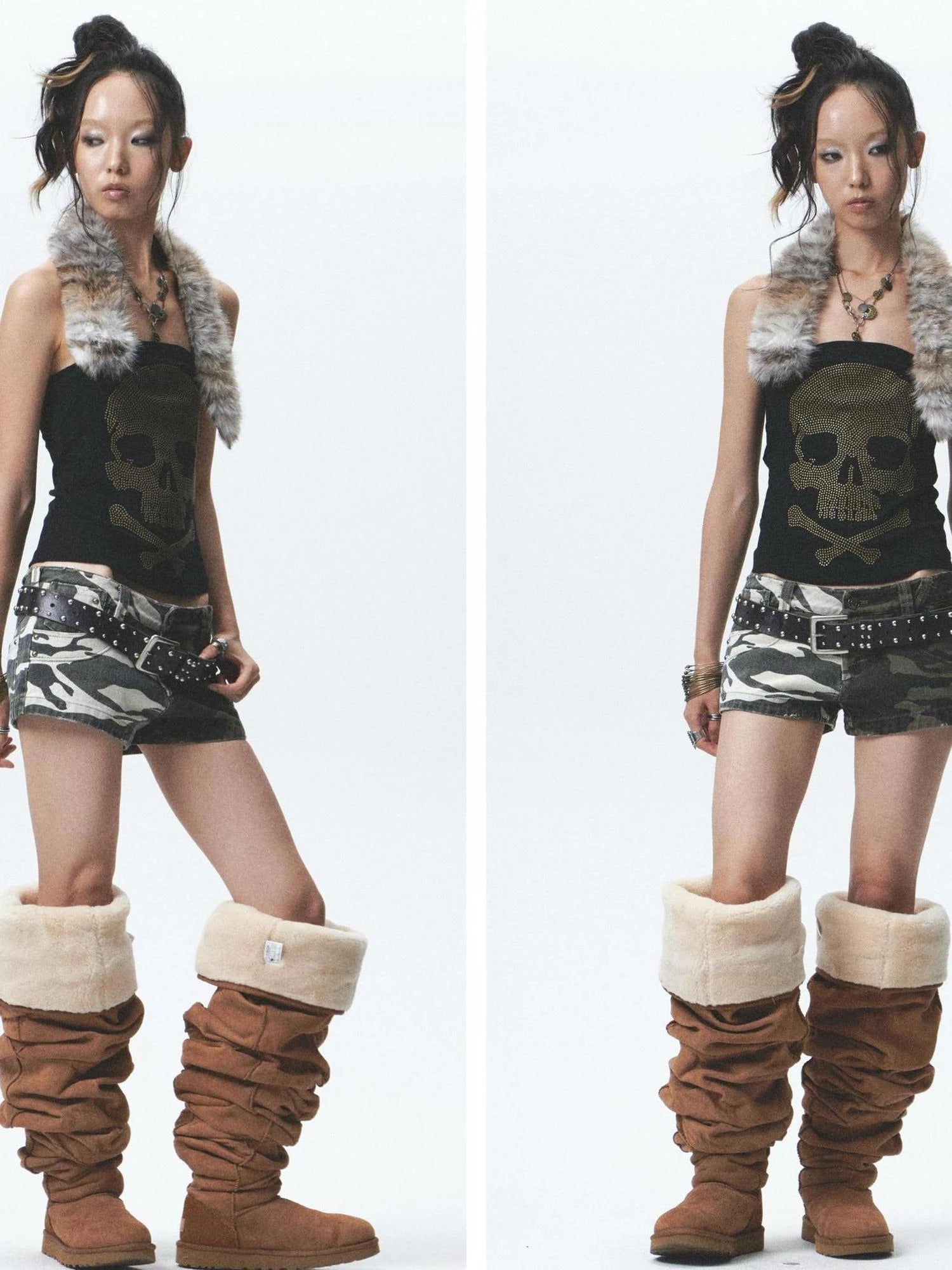 Heavy Duty Washed Camo Leg Sleeves Low Rise Distressed Shorts Set