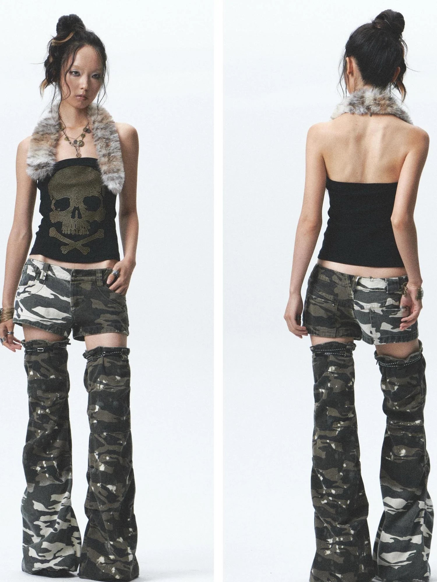 Heavy Duty Washed Camo Leg Sleeves Low Rise Distressed Shorts Set