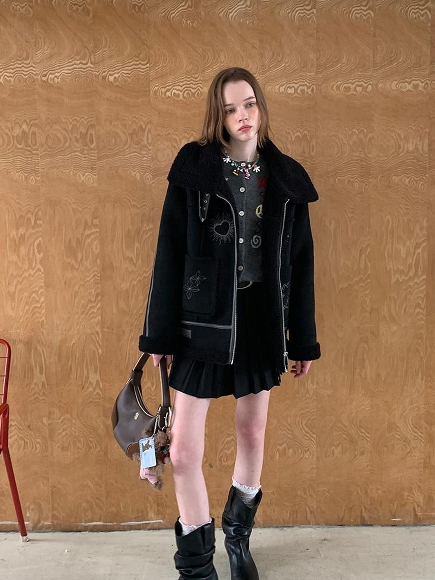 DIDDI MODA Heavyweight Embroidered Shearling Patchwork Jacket