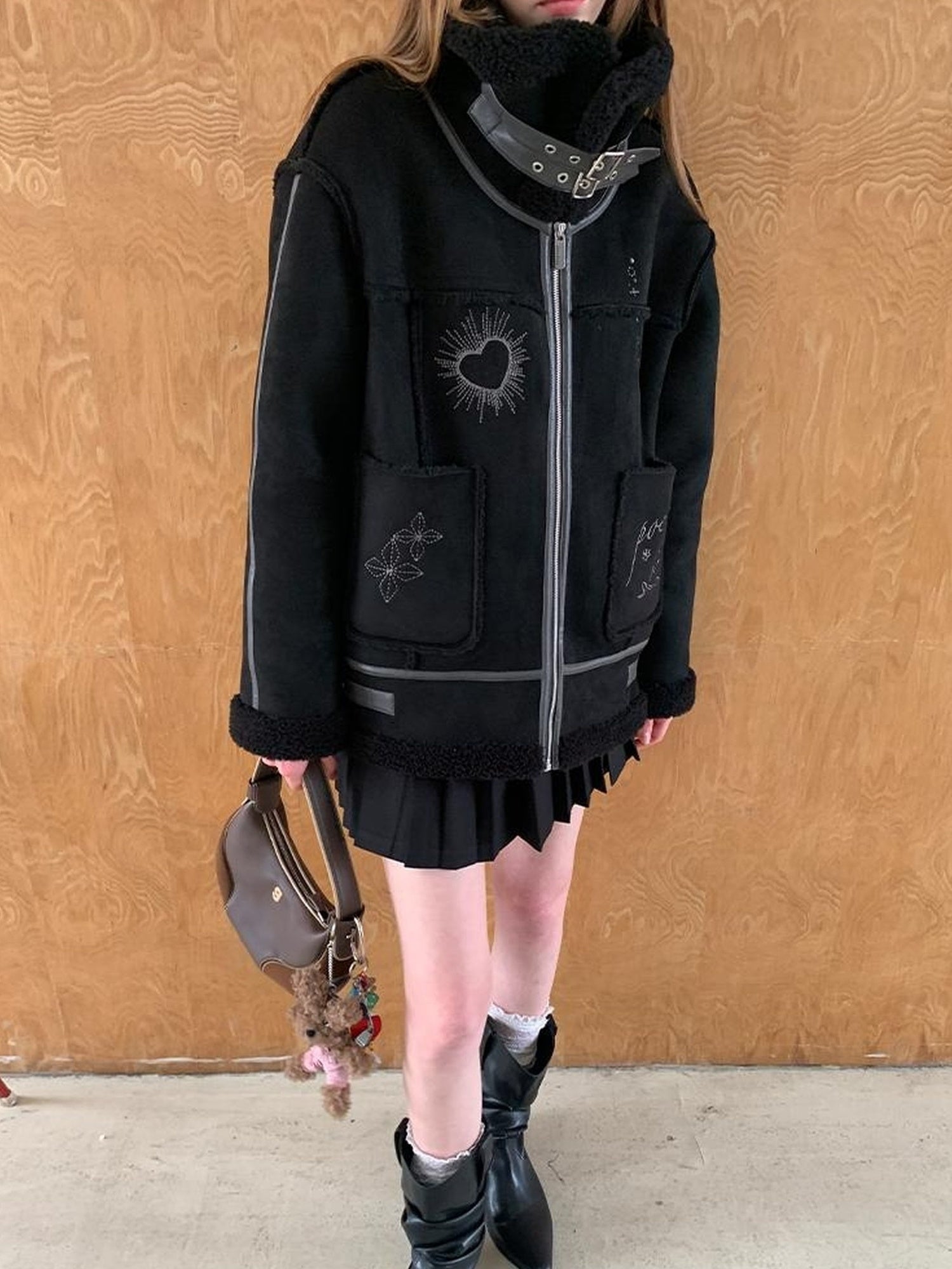 DIDDI MODA Heavyweight Embroidered Shearling Patchwork Jacket