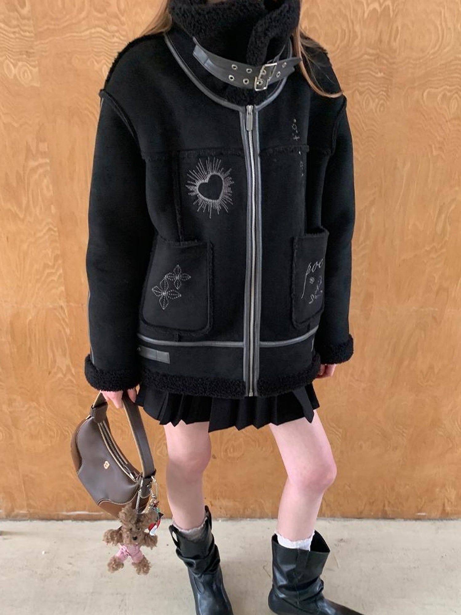 DIDDI MODA Heavyweight Embroidered Shearling Patchwork Jacket