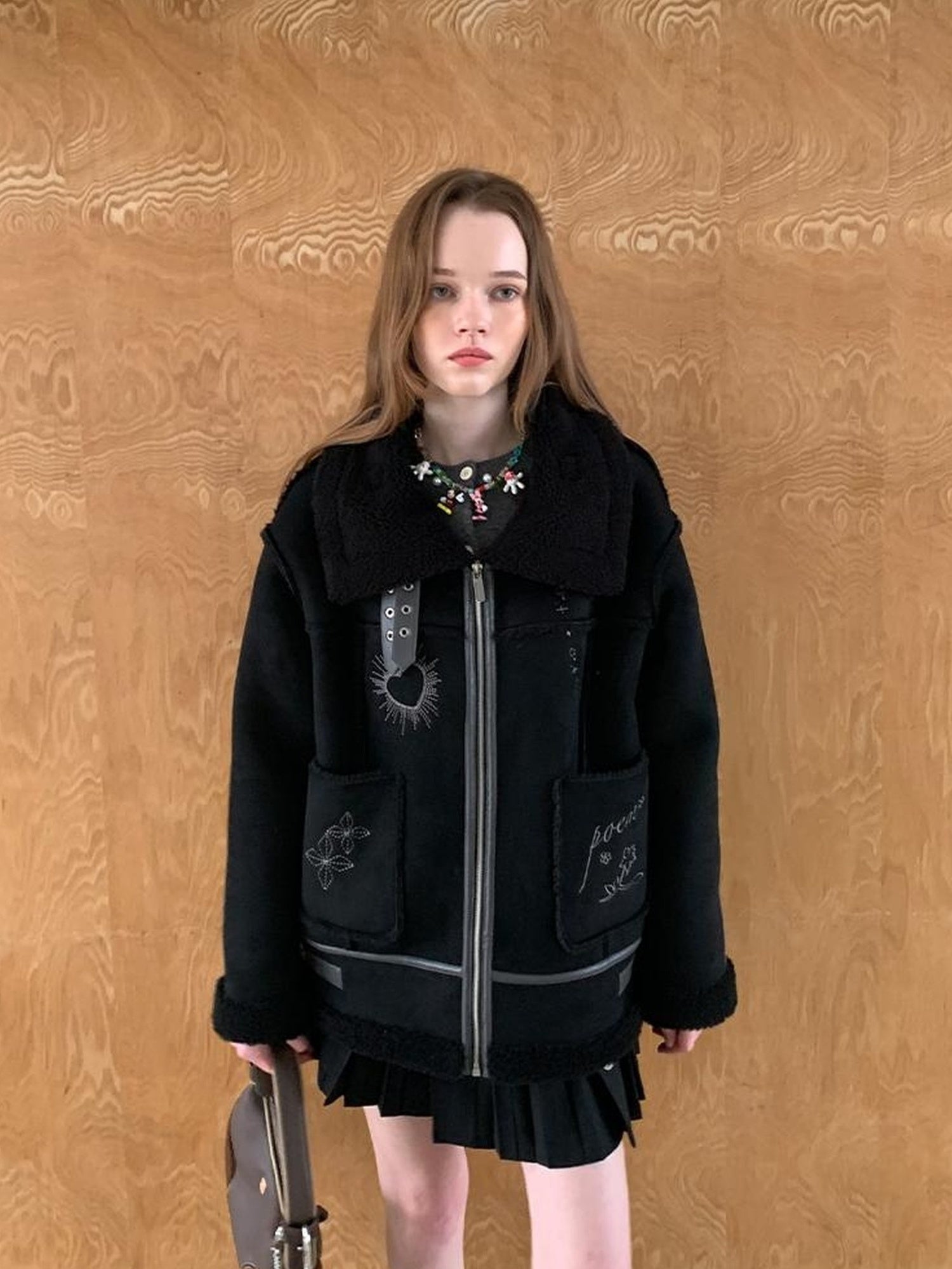 DIDDI MODA Heavyweight Embroidered Shearling Patchwork Jacket