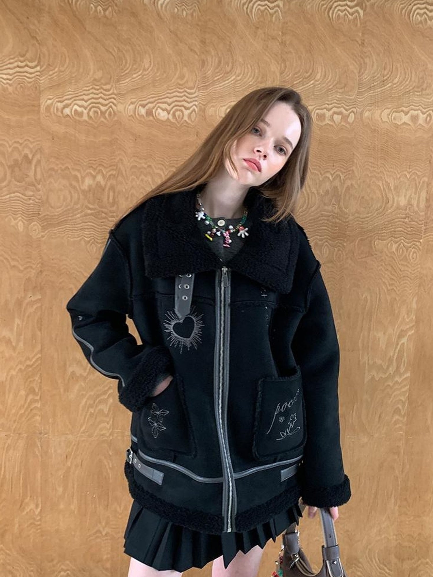 DIDDI MODA Heavyweight Embroidered Shearling Patchwork Jacket