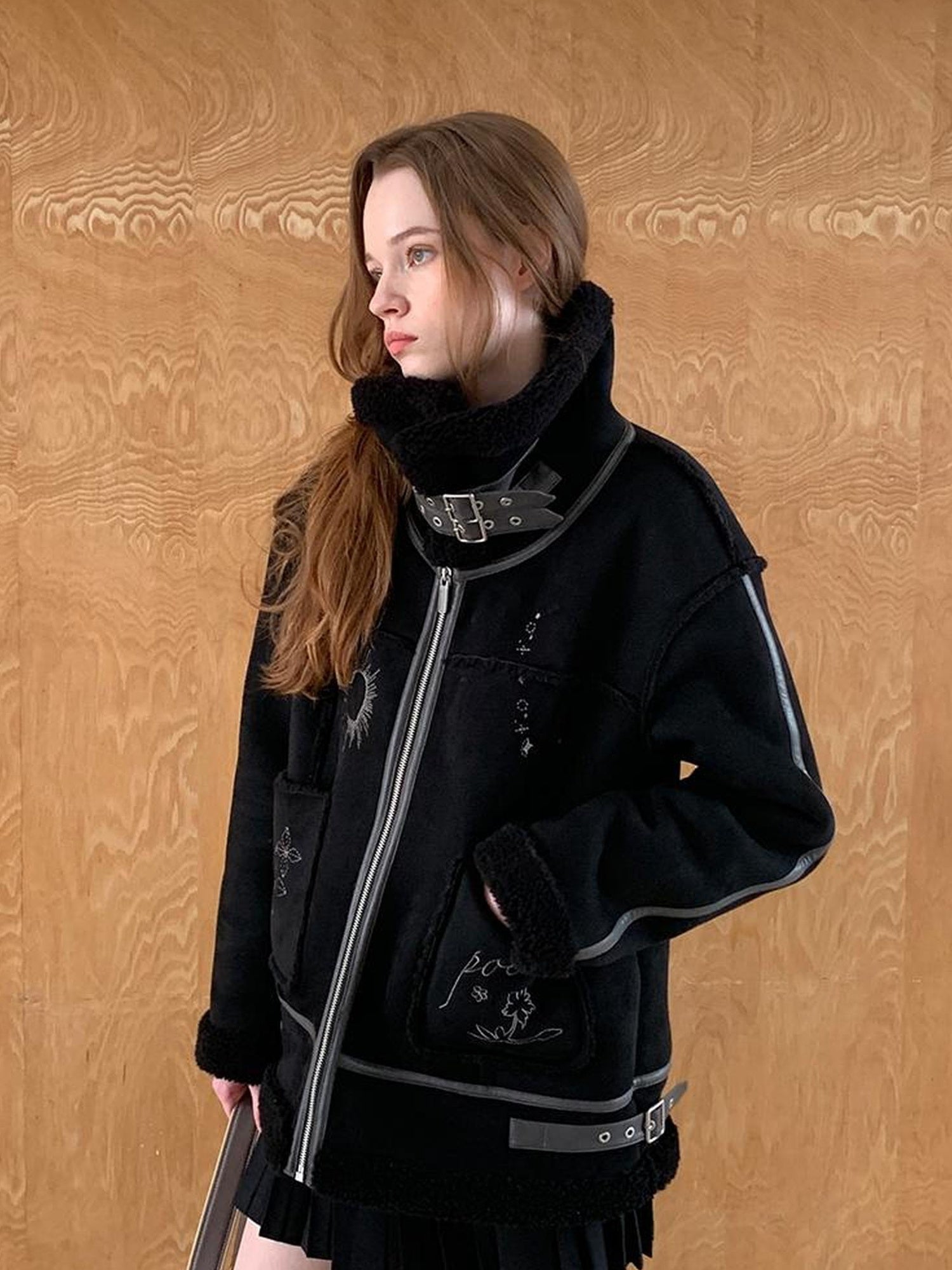 DIDDI MODA Heavyweight Embroidered Shearling Patchwork Jacket