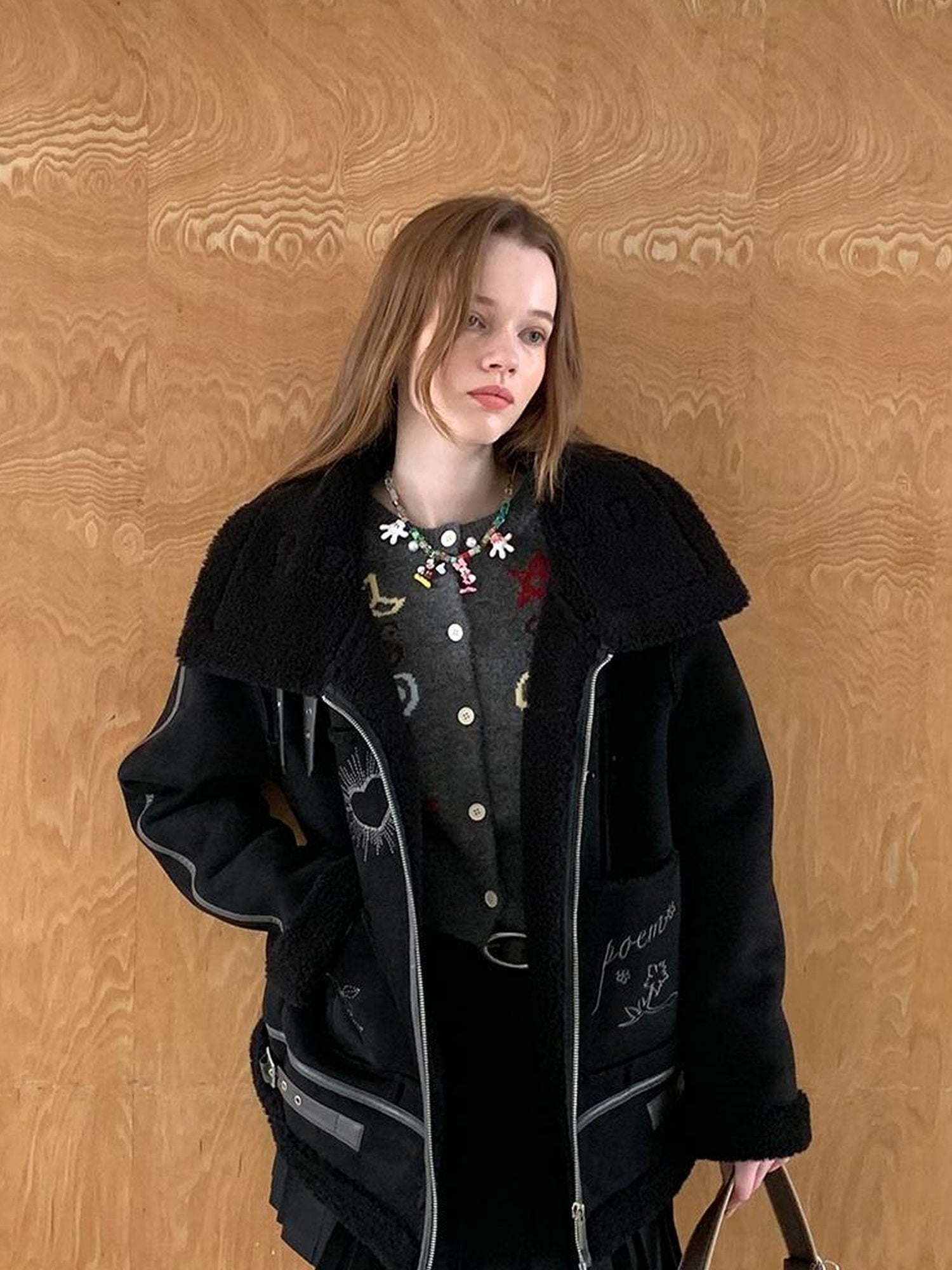 DIDDI MODA Heavyweight Embroidered Shearling Patchwork Jacket