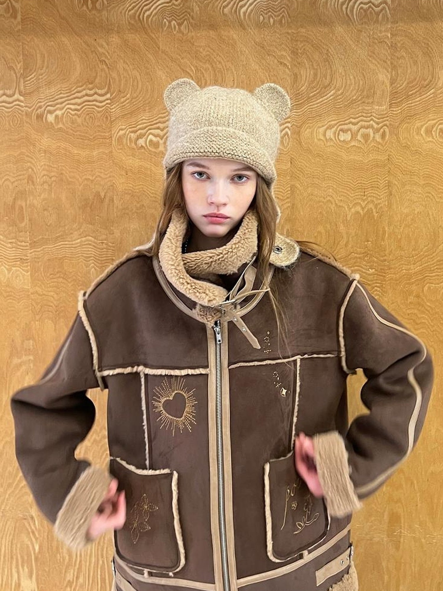 DIDDI MODA Heavyweight Embroidered Shearling Patchwork Jacket