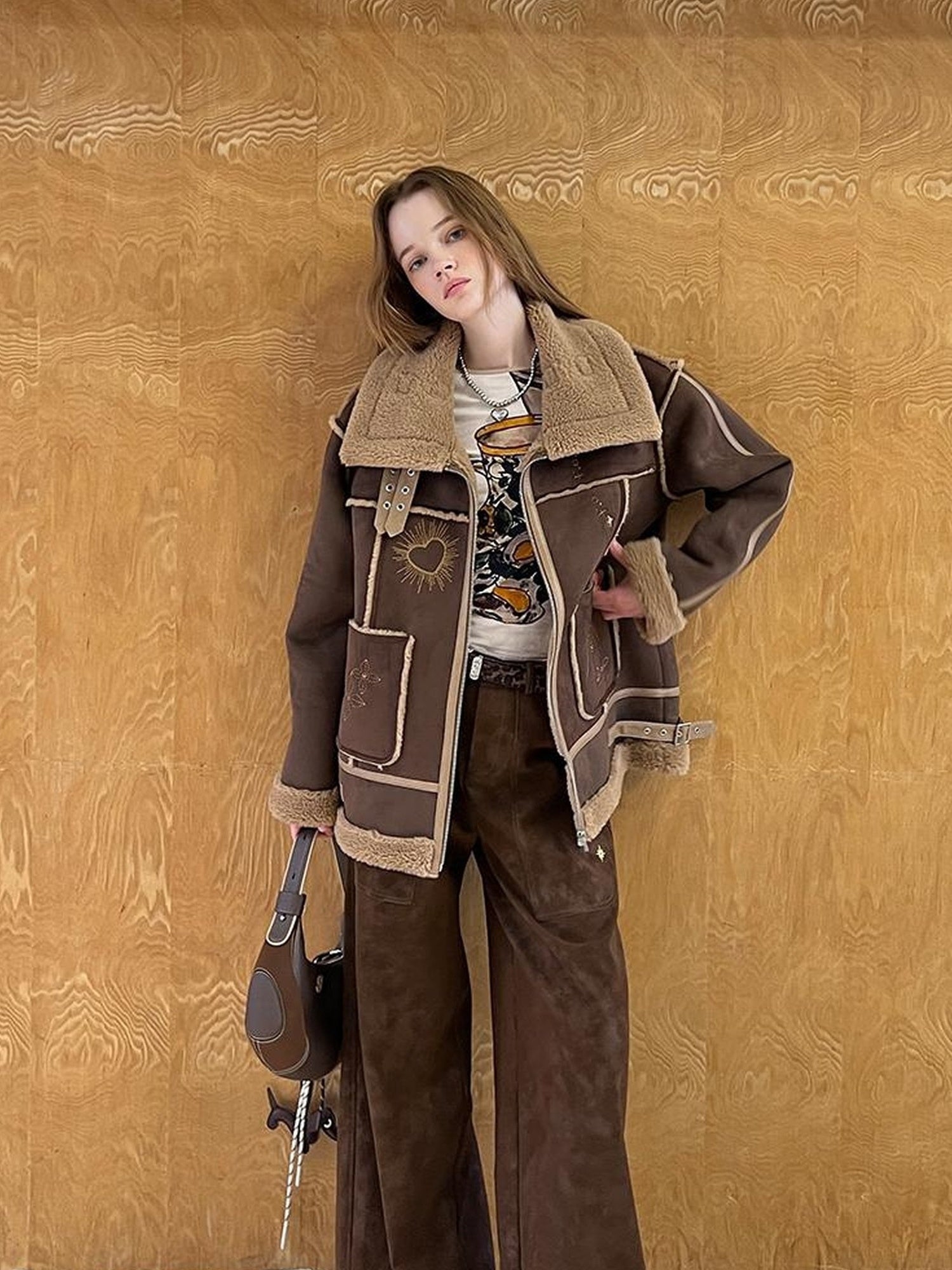 DIDDI MODA Heavyweight Embroidered Shearling Patchwork Jacket