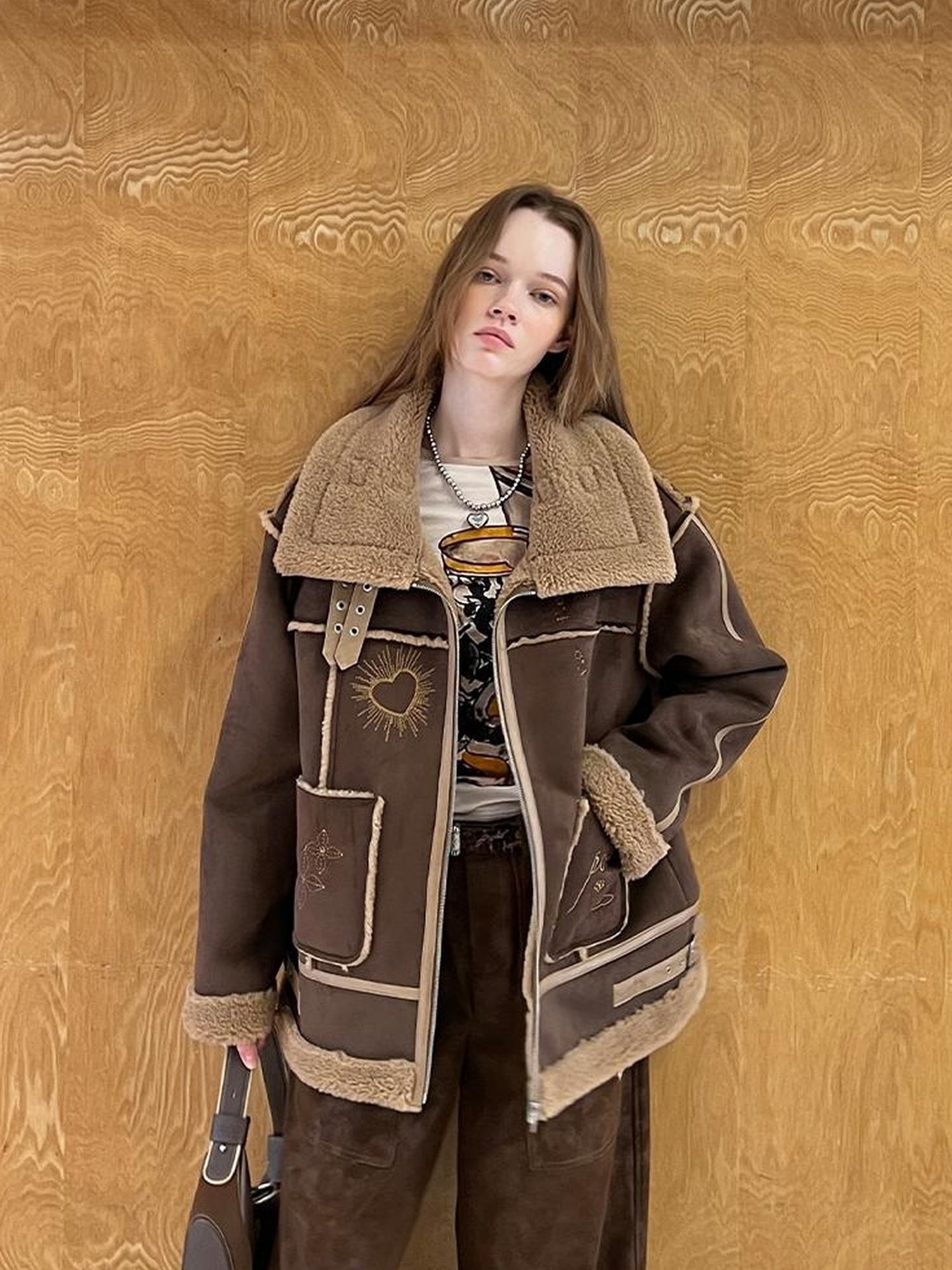 DIDDI MODA Heavyweight Embroidered Shearling Patchwork Jacket