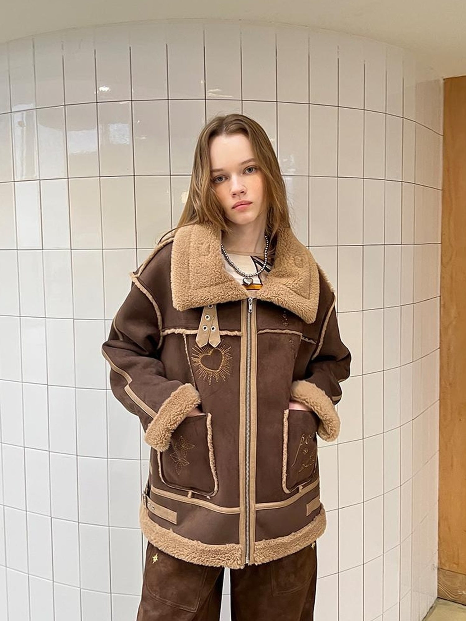 DIDDI MODA Heavyweight Embroidered Shearling Patchwork Jacket