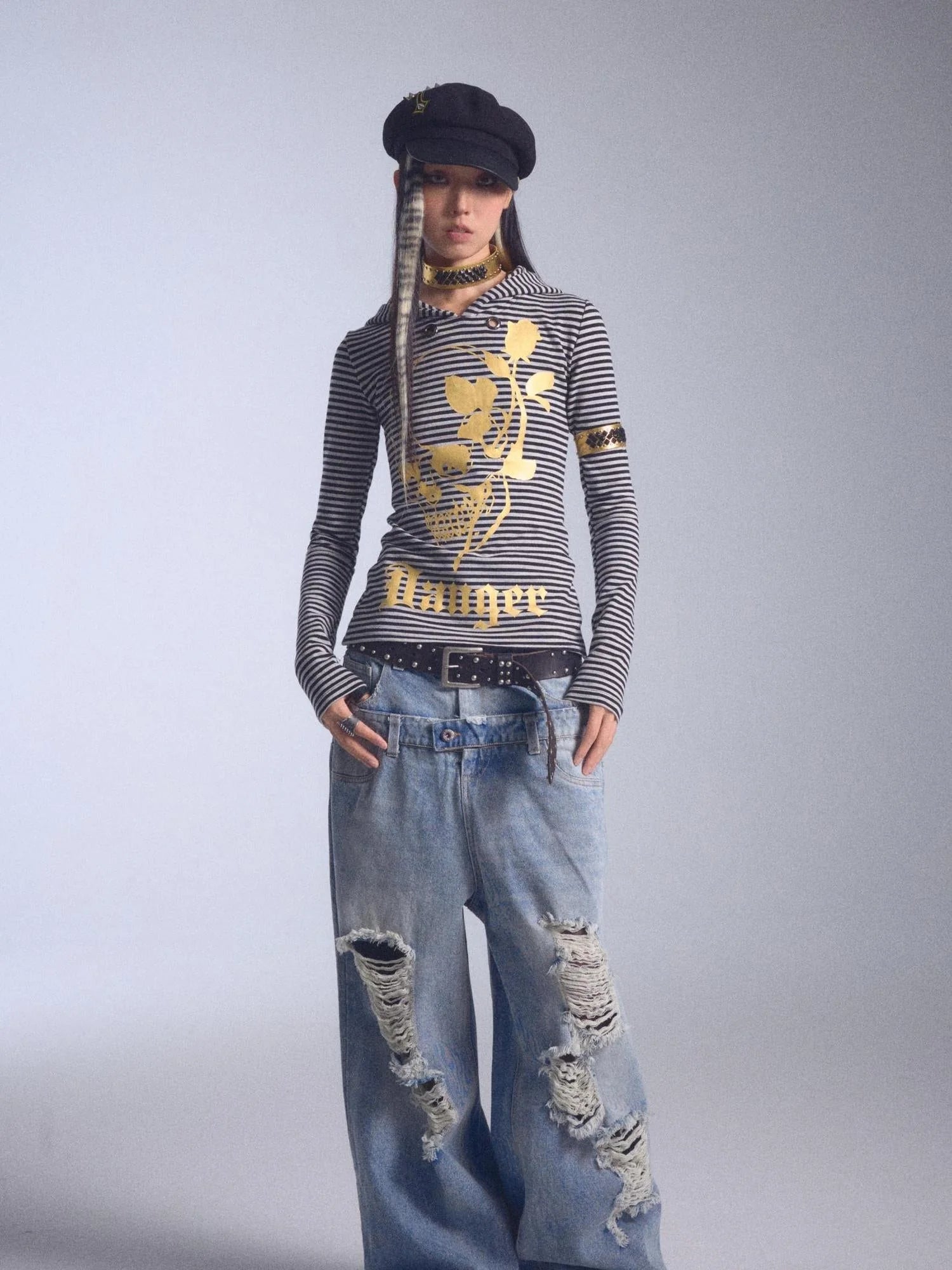 High Elastic Striped Backless Hoodie With Terry Lining Air Hole