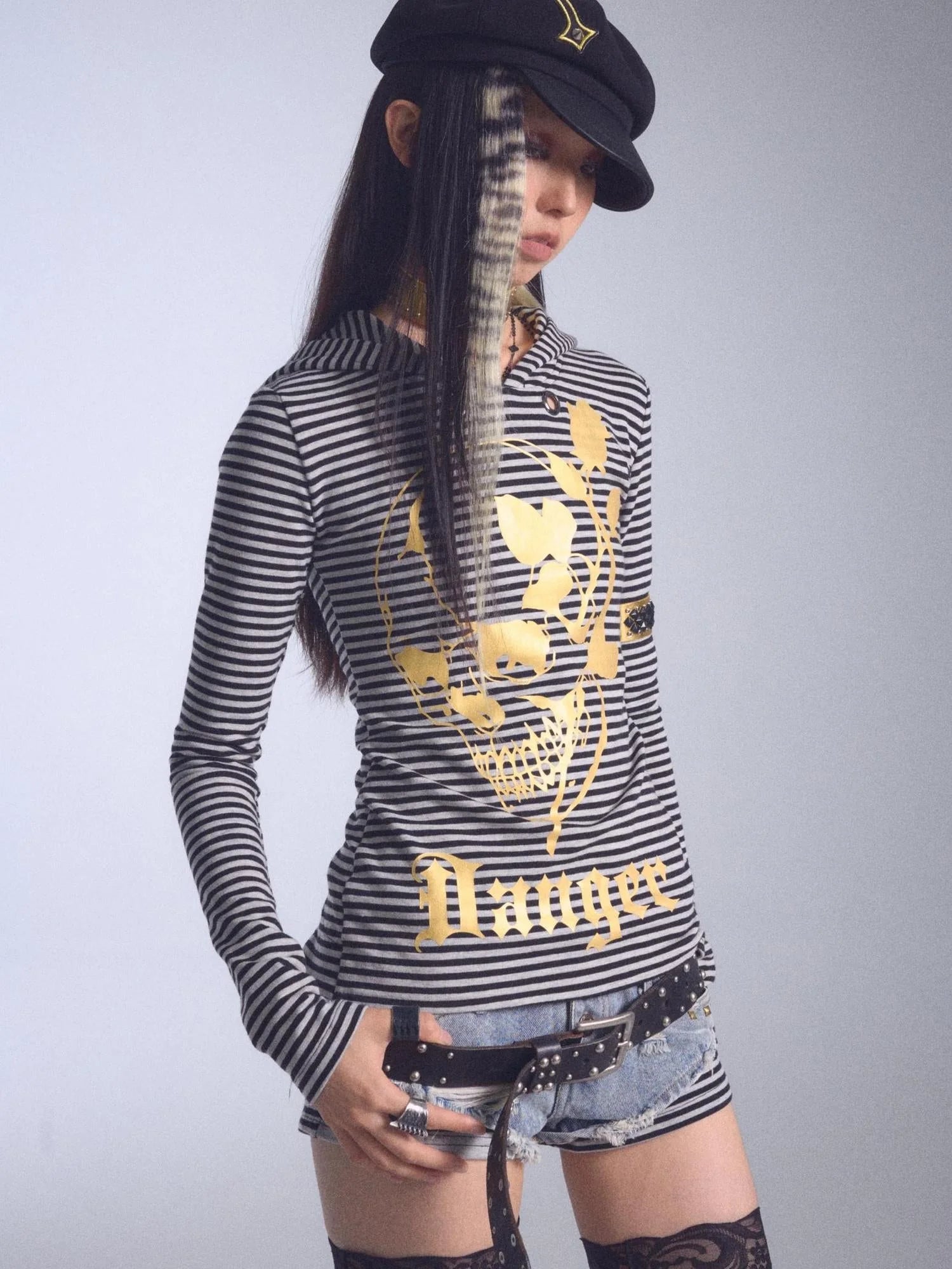 High Elastic Striped Backless Hoodie With Terry Lining Air Hole