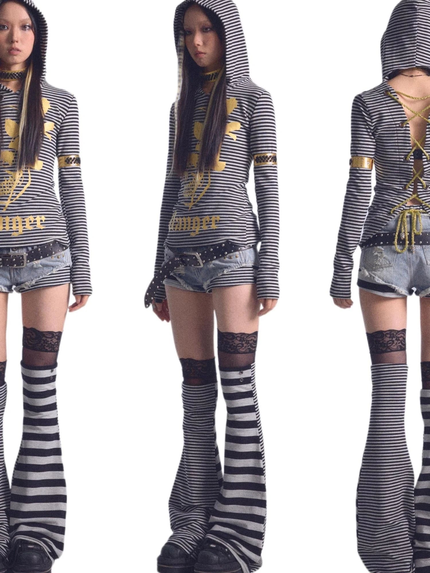 High Elastic Striped Backless Hoodie With Terry Lining Air Hole