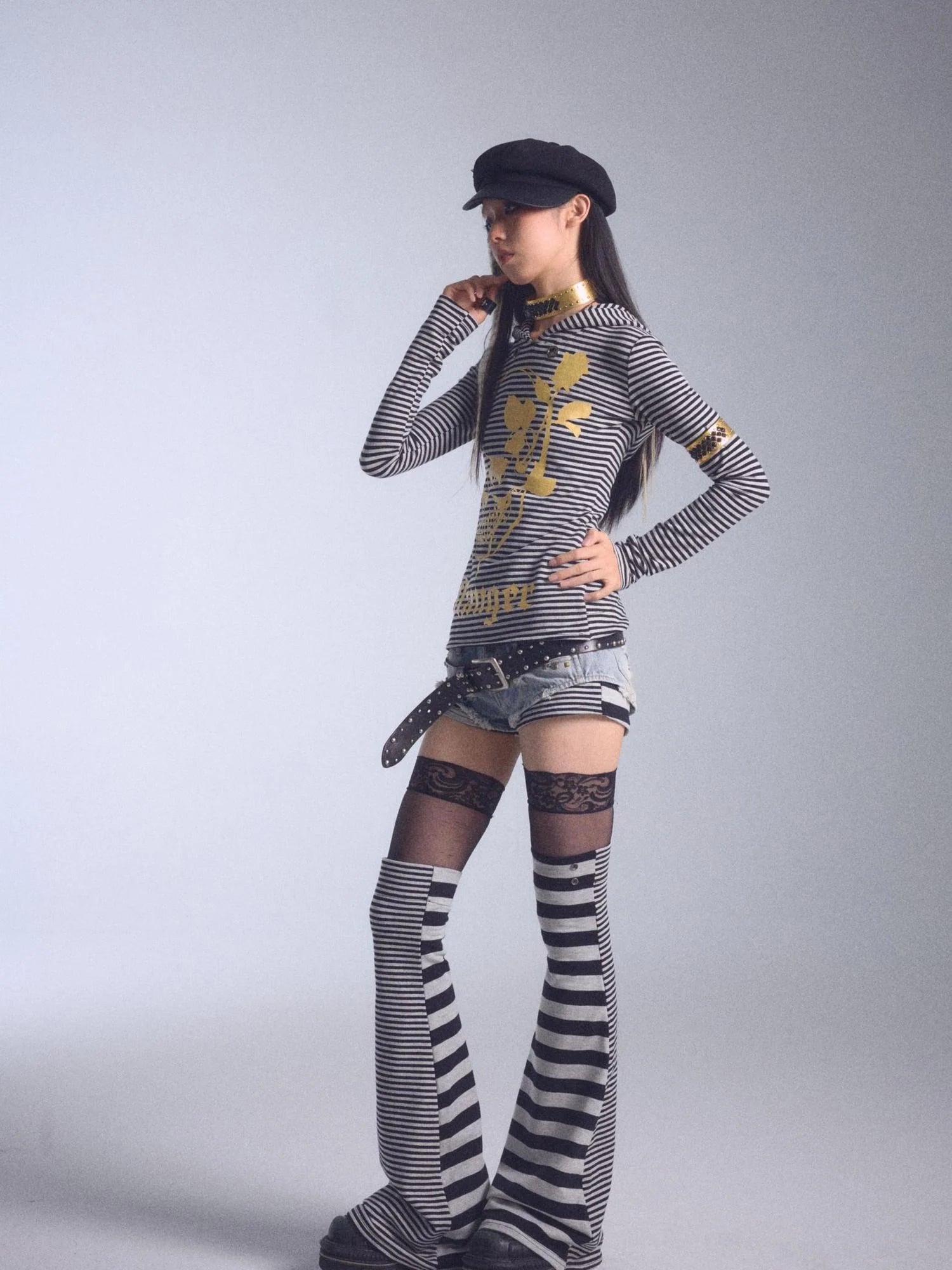 High Elastic Striped Backless Hoodie With Terry Lining Air Hole