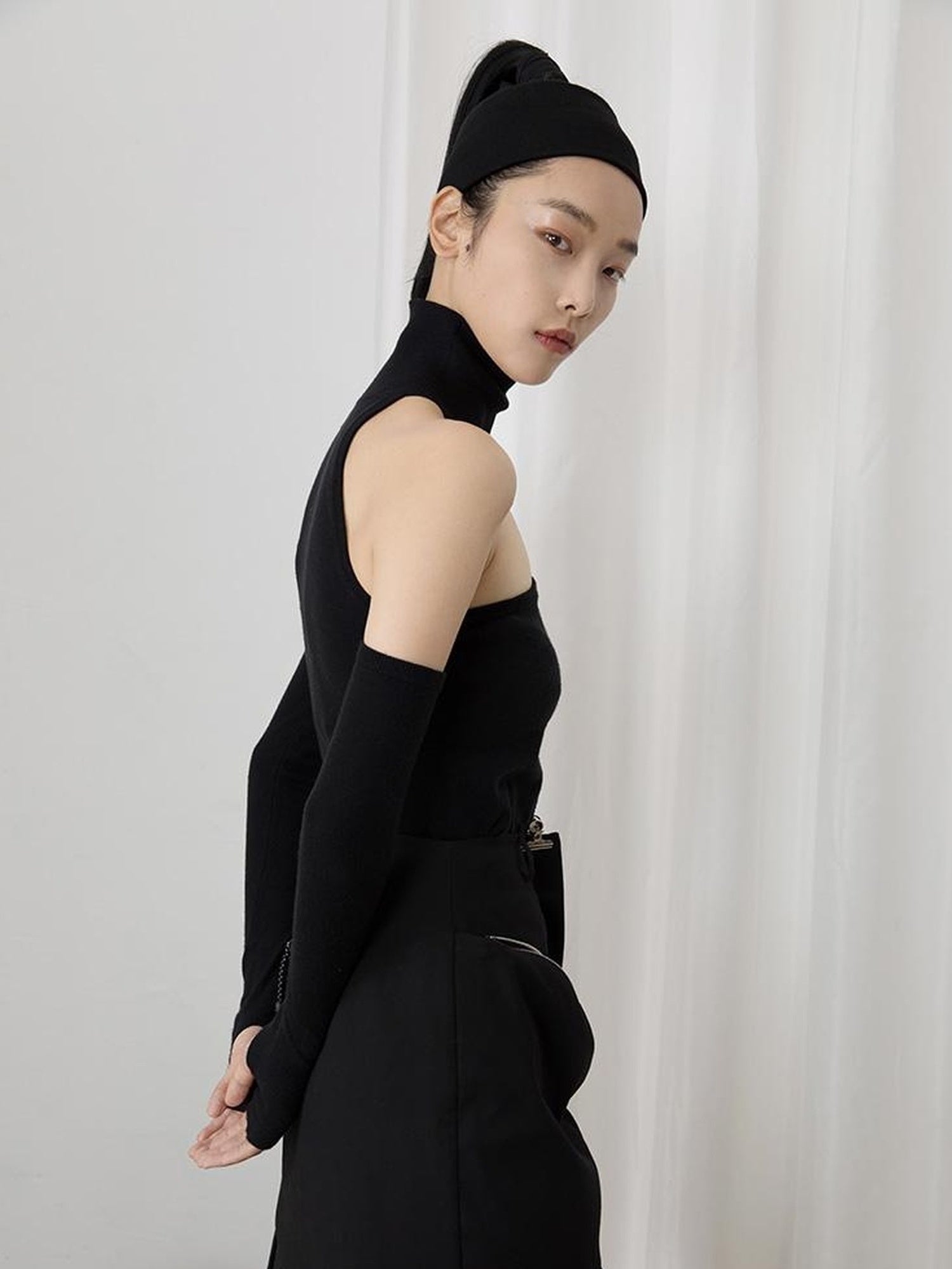 DIDDI MODA High Neck Asymmetrical Cutout Knit Sweater