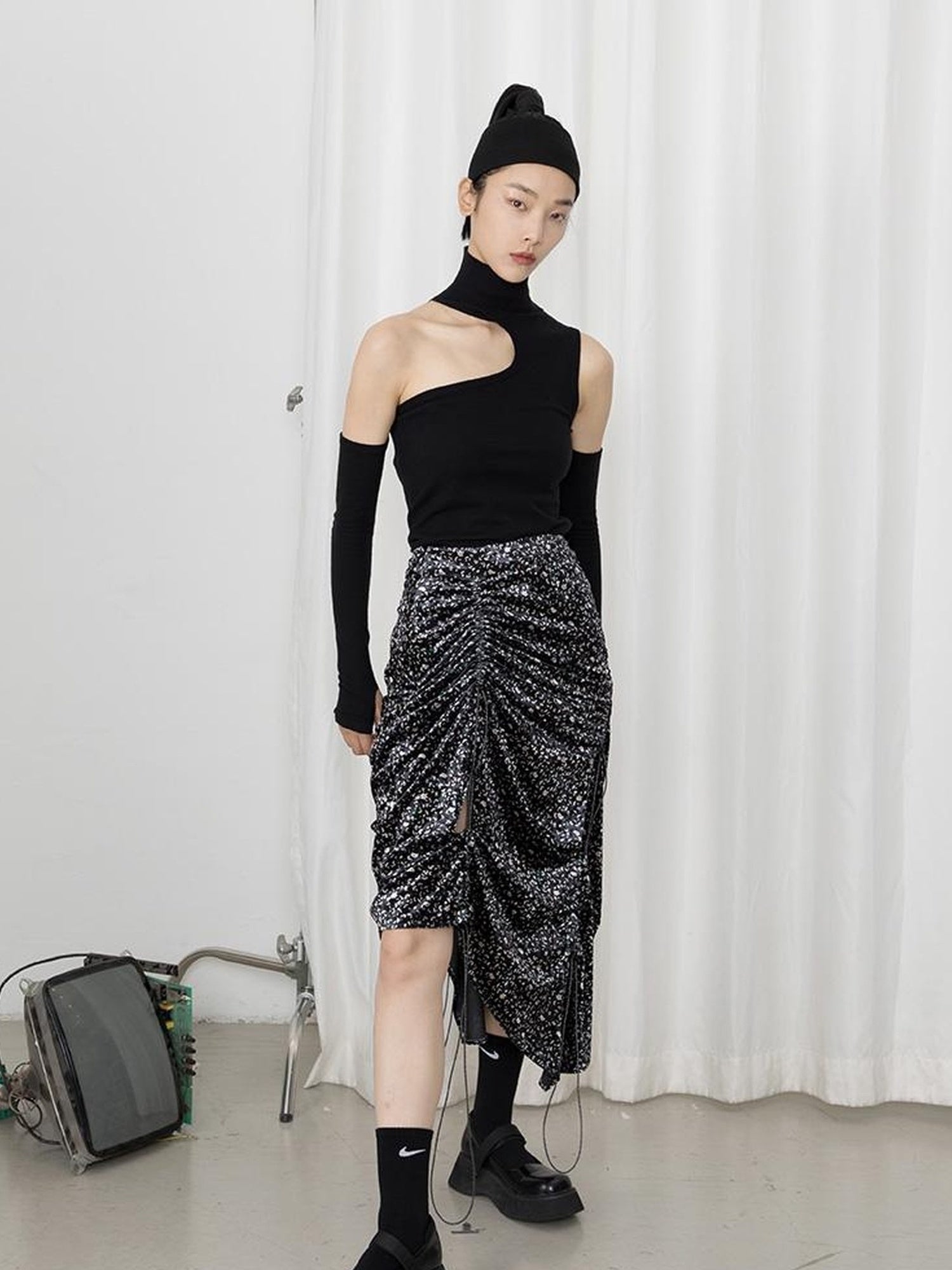 DIDDI MODA High Neck Asymmetrical Cutout Knit Sweater