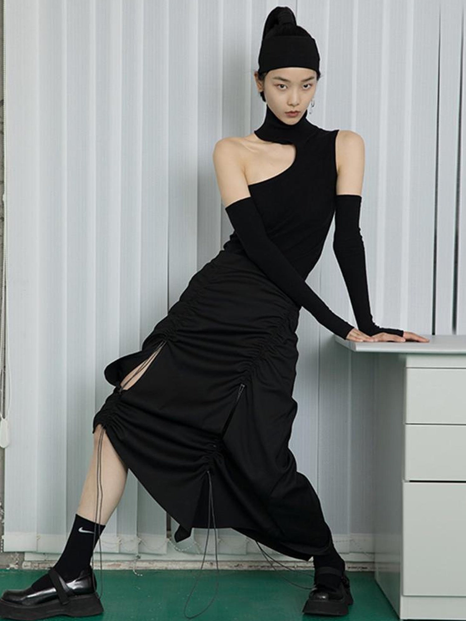 DIDDI MODA High Neck Asymmetrical Cutout Knit Sweater