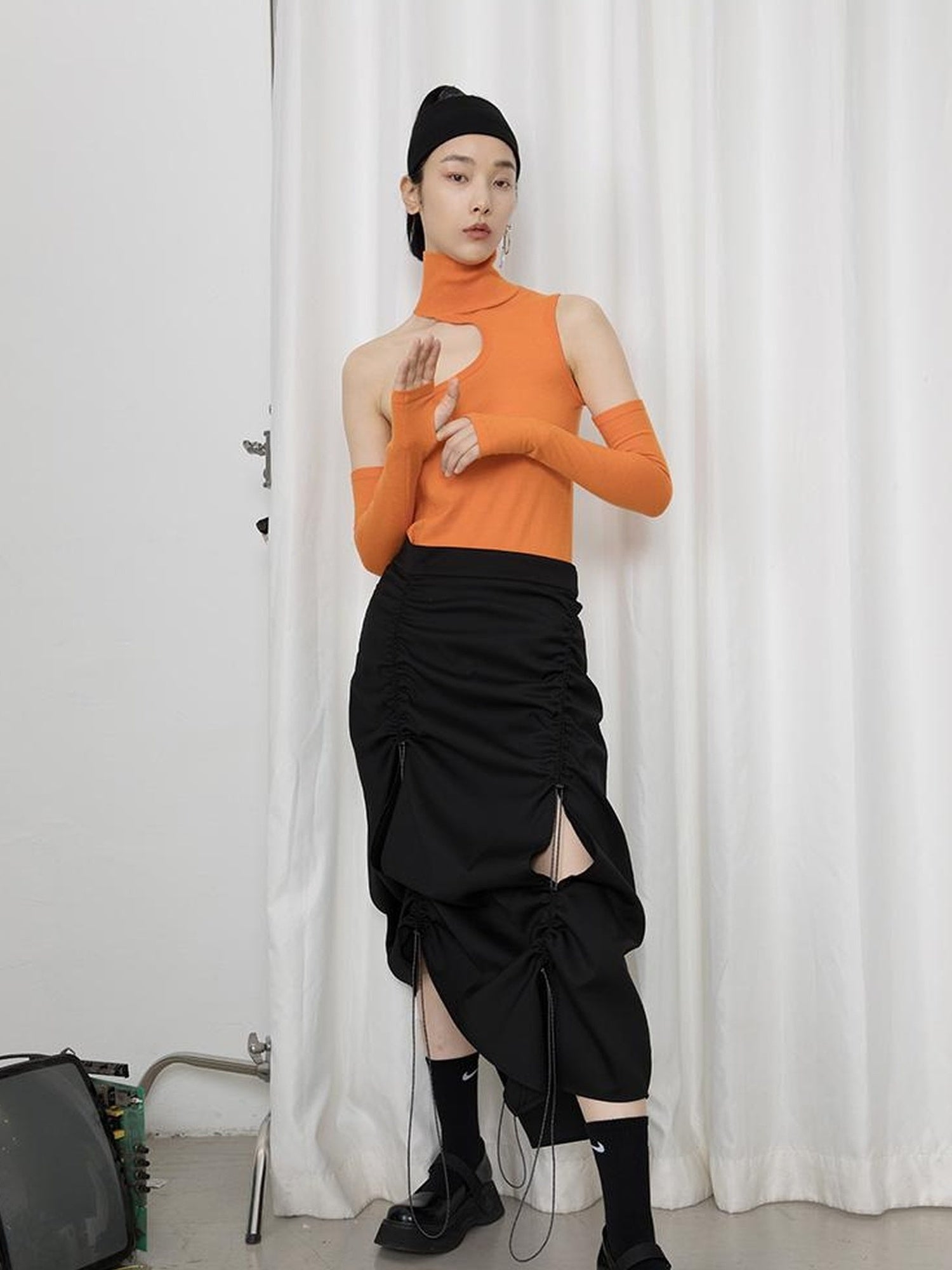 DIDDI MODA High Neck Asymmetrical Cutout Knit Sweater