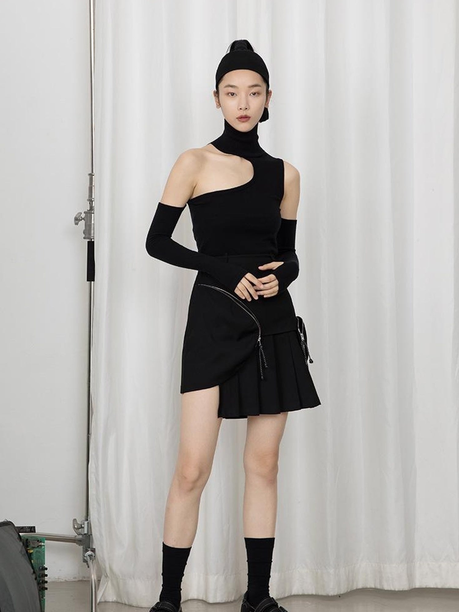 DIDDI MODA High Neck Asymmetrical Cutout Knit Sweater
