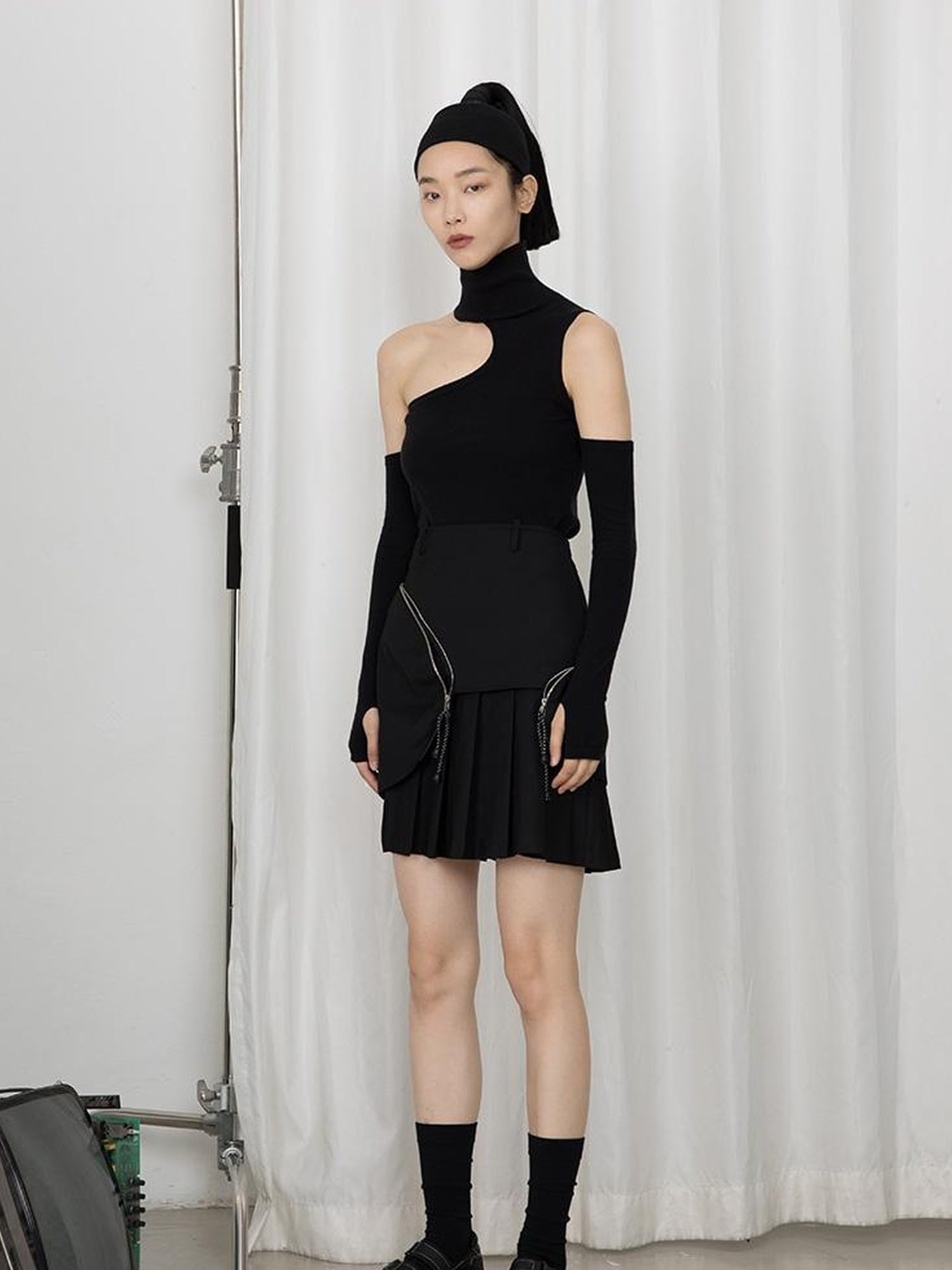 DIDDI MODA High Neck Asymmetrical Cutout Knit Sweater