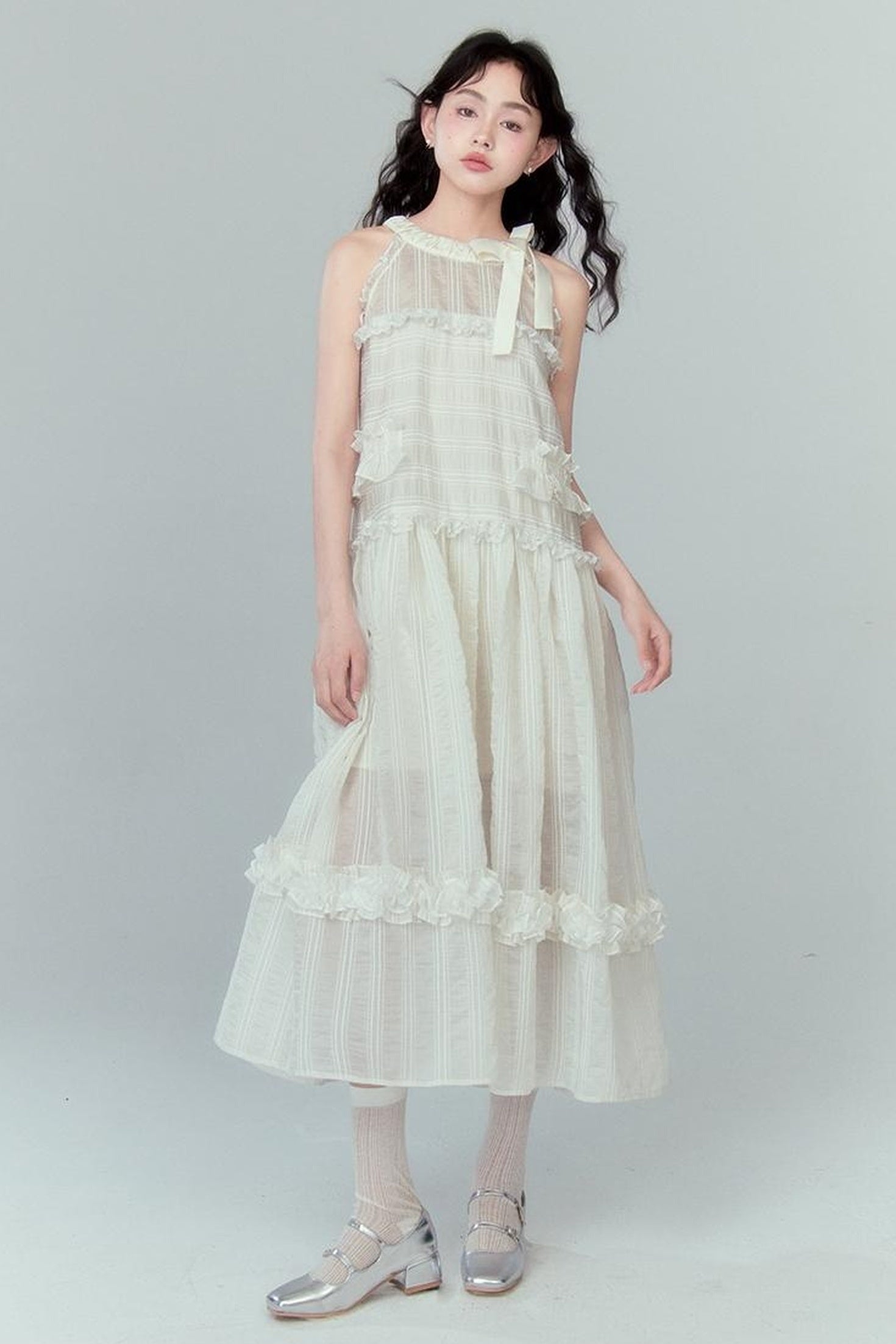 DIDDI MODA High Waisted Bow Neck Ruffled A Line Pink Vacation Dress