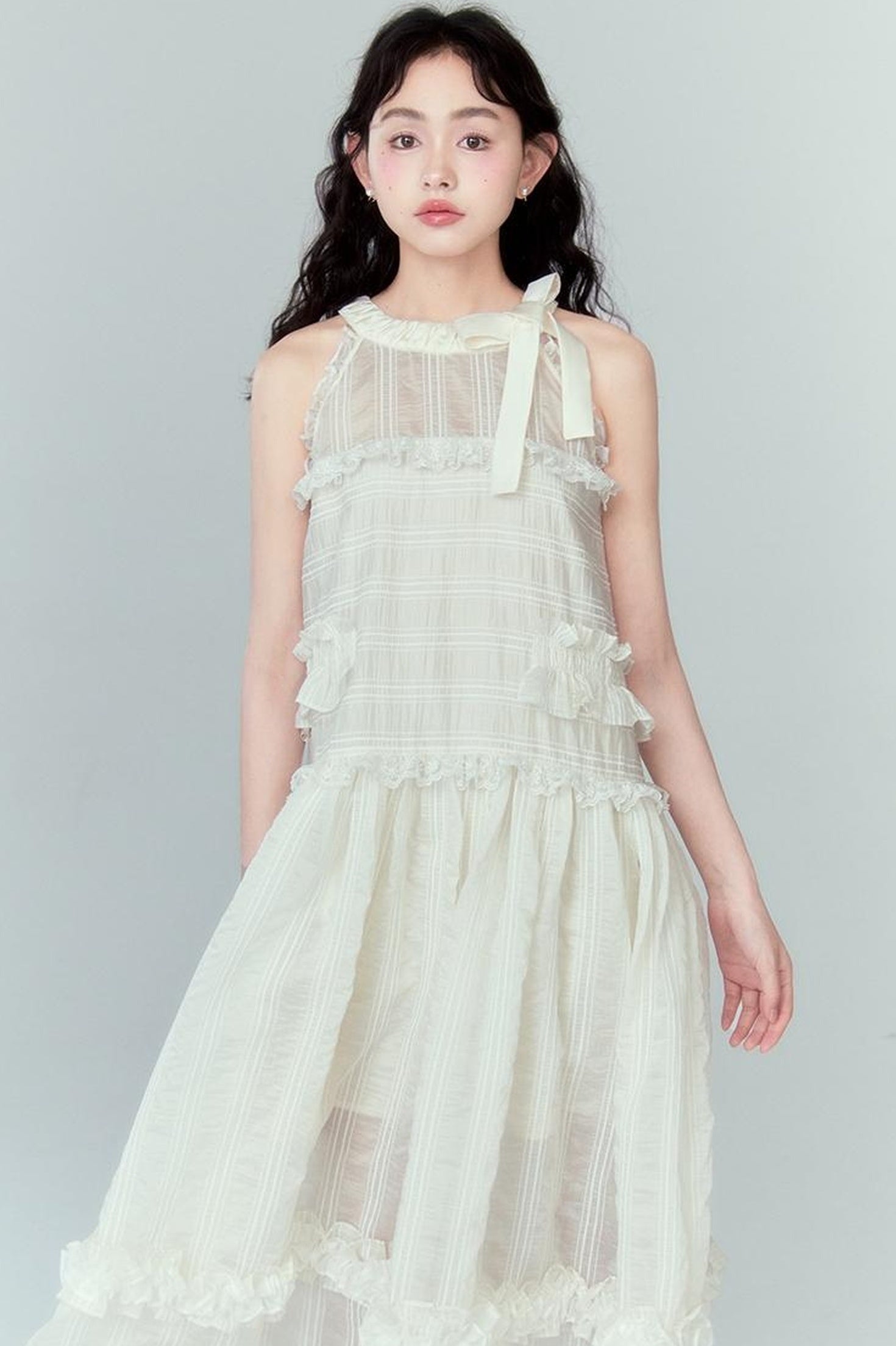 DIDDI MODA High Waisted Bow Neck Ruffled A Line Pink Vacation Dress