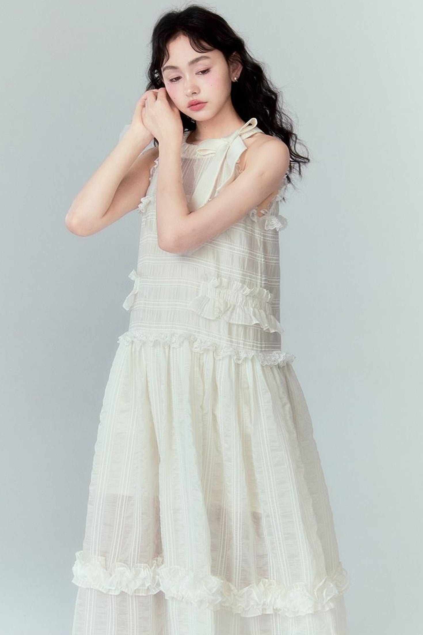 DIDDI MODA High Waisted Bow Neck Ruffled A Line Pink Vacation Dress