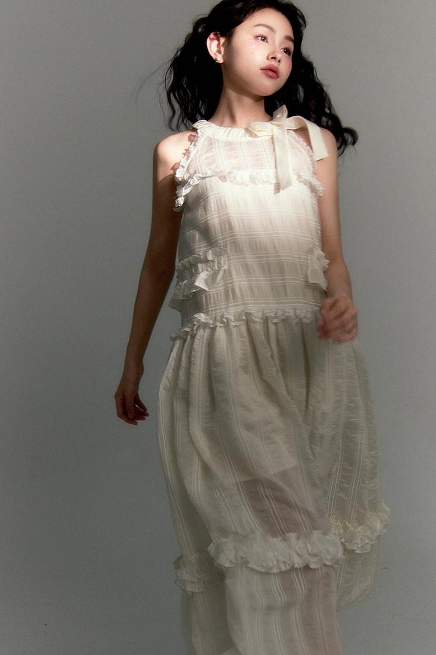 DIDDI MODA High Waisted Bow Neck Ruffled A Line Pink Vacation Dress