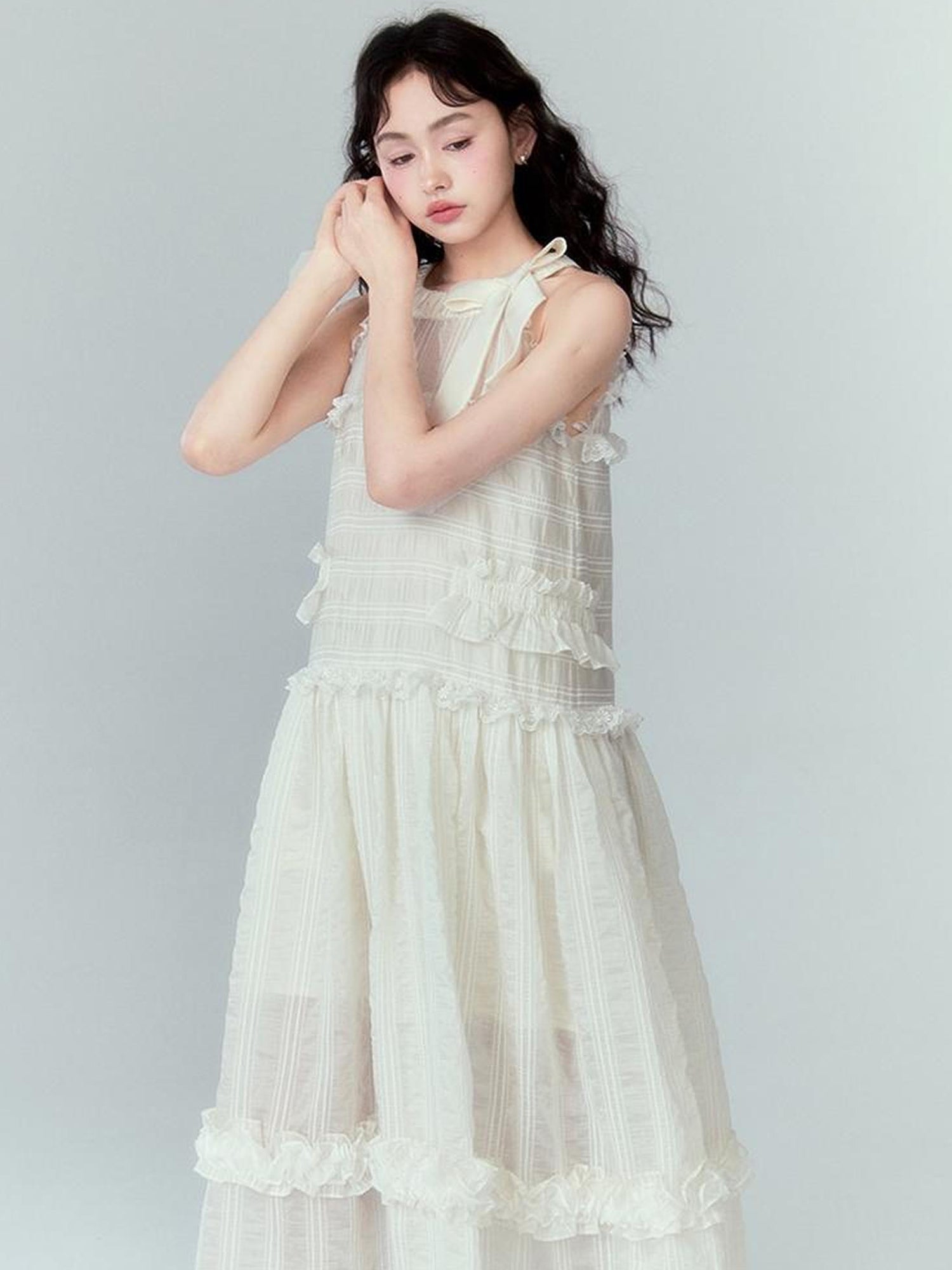 DIDDI MODA High Waisted Bow Neck Ruffled A Line Pink Vacation Dress