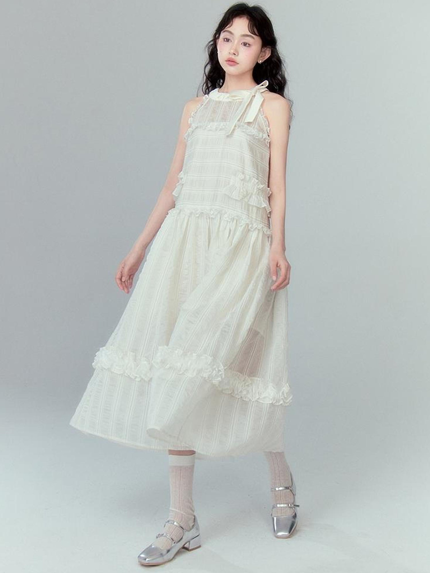 DIDDI MODA High Waisted Bow Neck Ruffled A Line Pink Vacation Dress