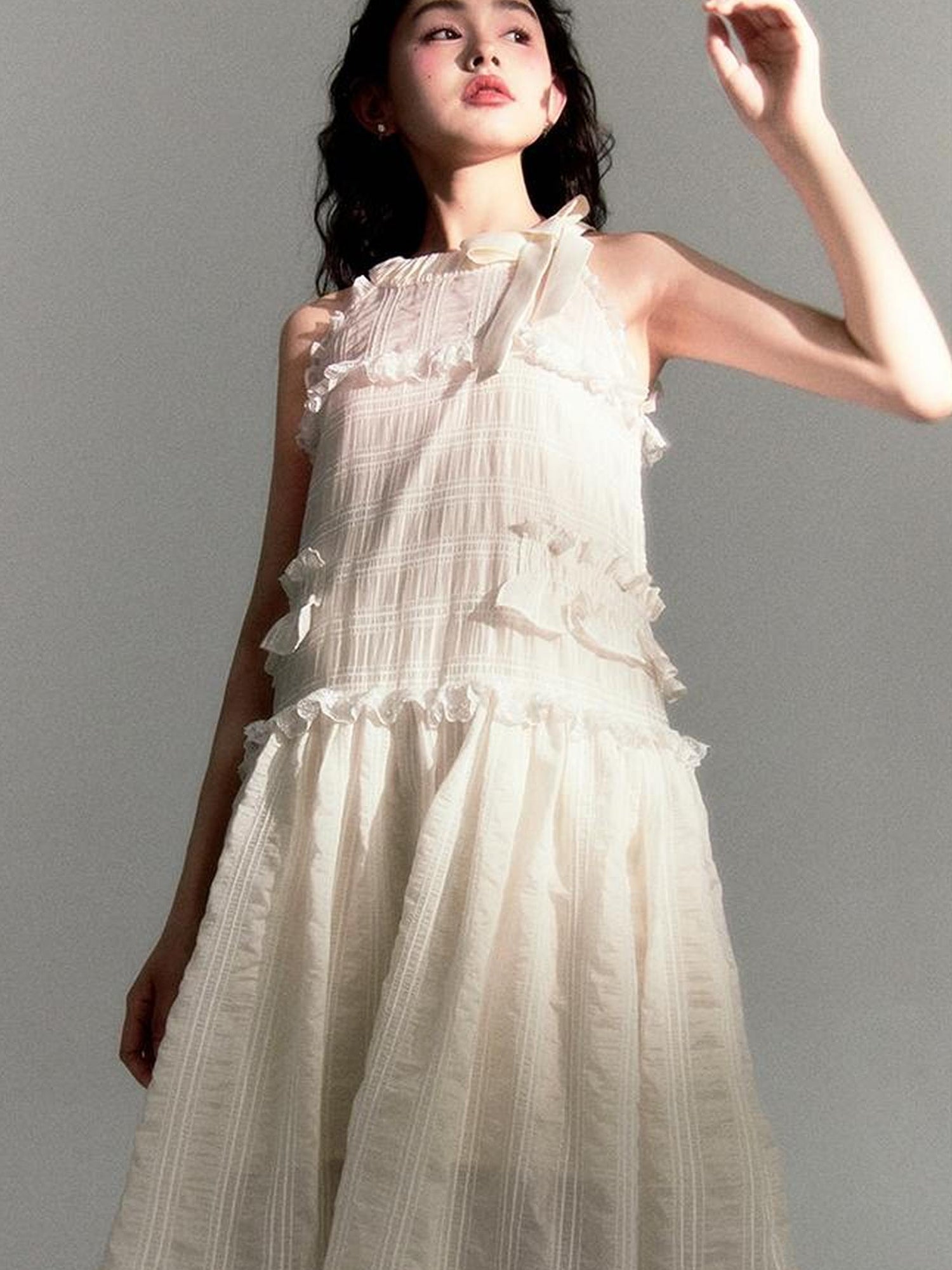 DIDDI MODA High Waisted Bow Neck Ruffled A Line Pink Vacation Dress