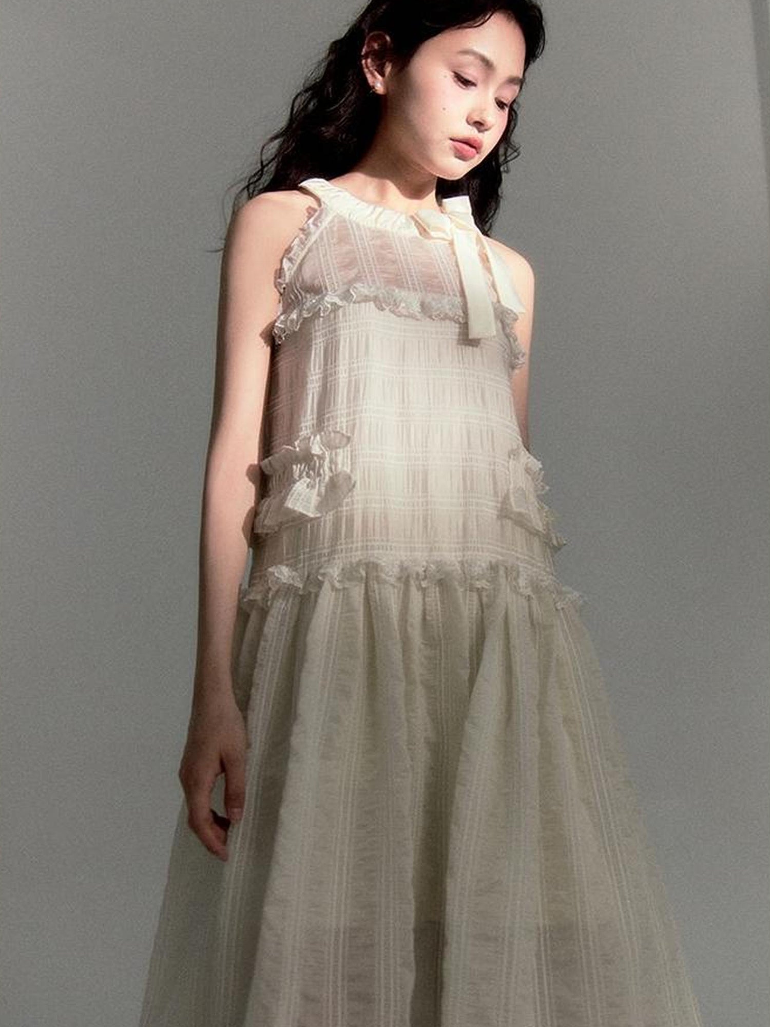 DIDDI MODA High Waisted Bow Neck Ruffled A Line Pink Vacation Dress