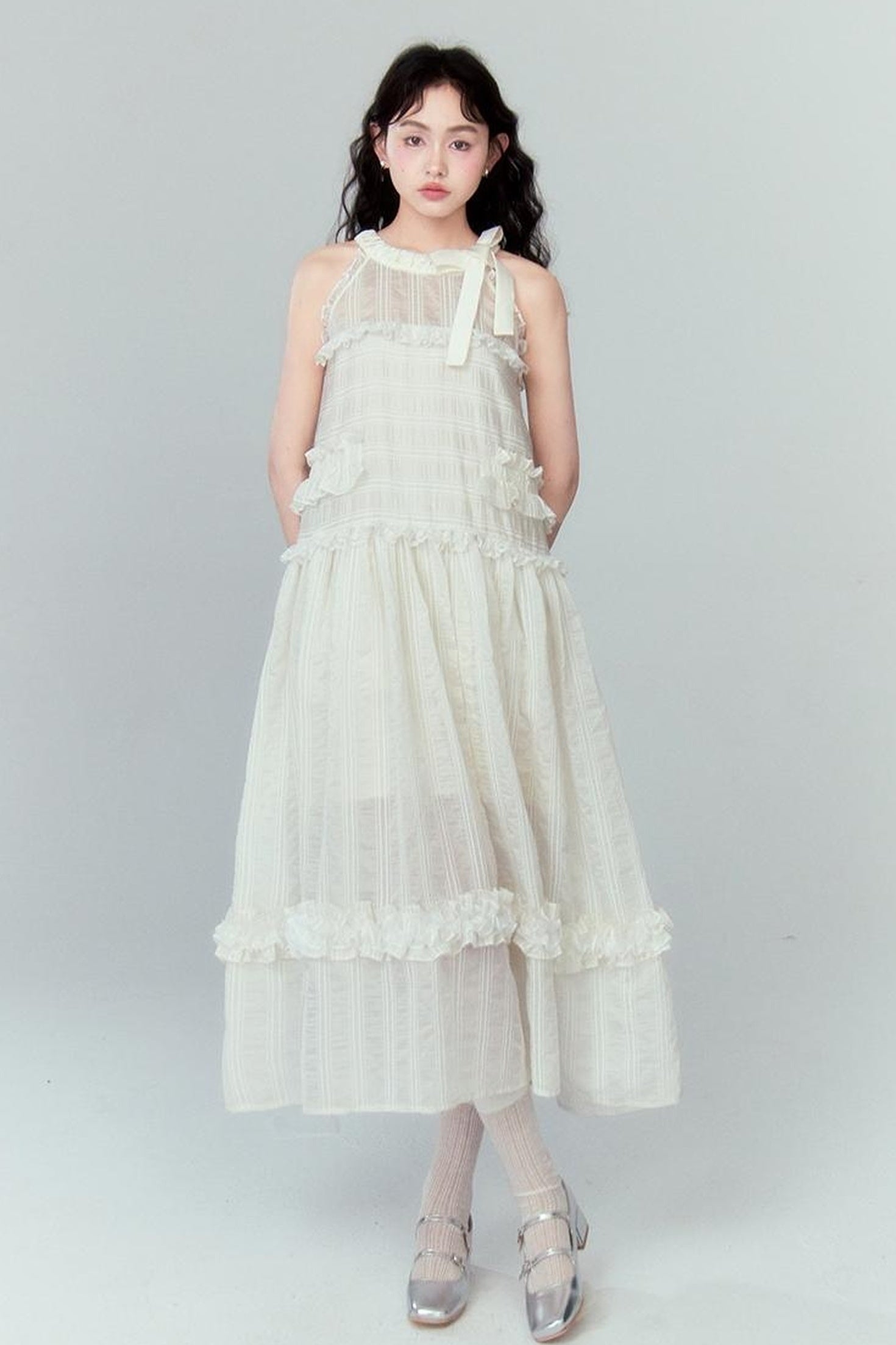 DIDDI MODA High Waisted Bow Neck Ruffled A Line Pink Vacation Dress