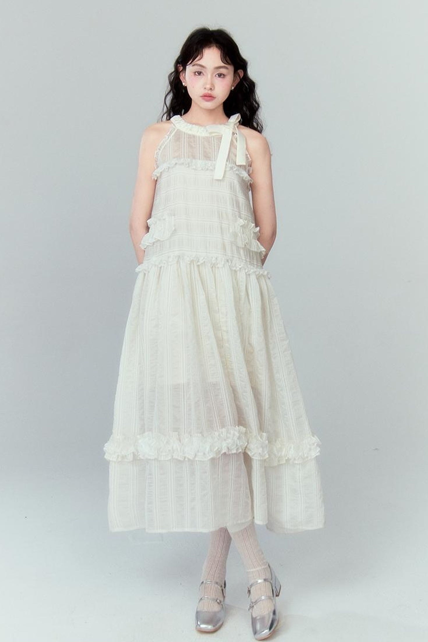 DIDDI MODA High Waisted Bow Neck Ruffled A Line Pink Vacation Dress