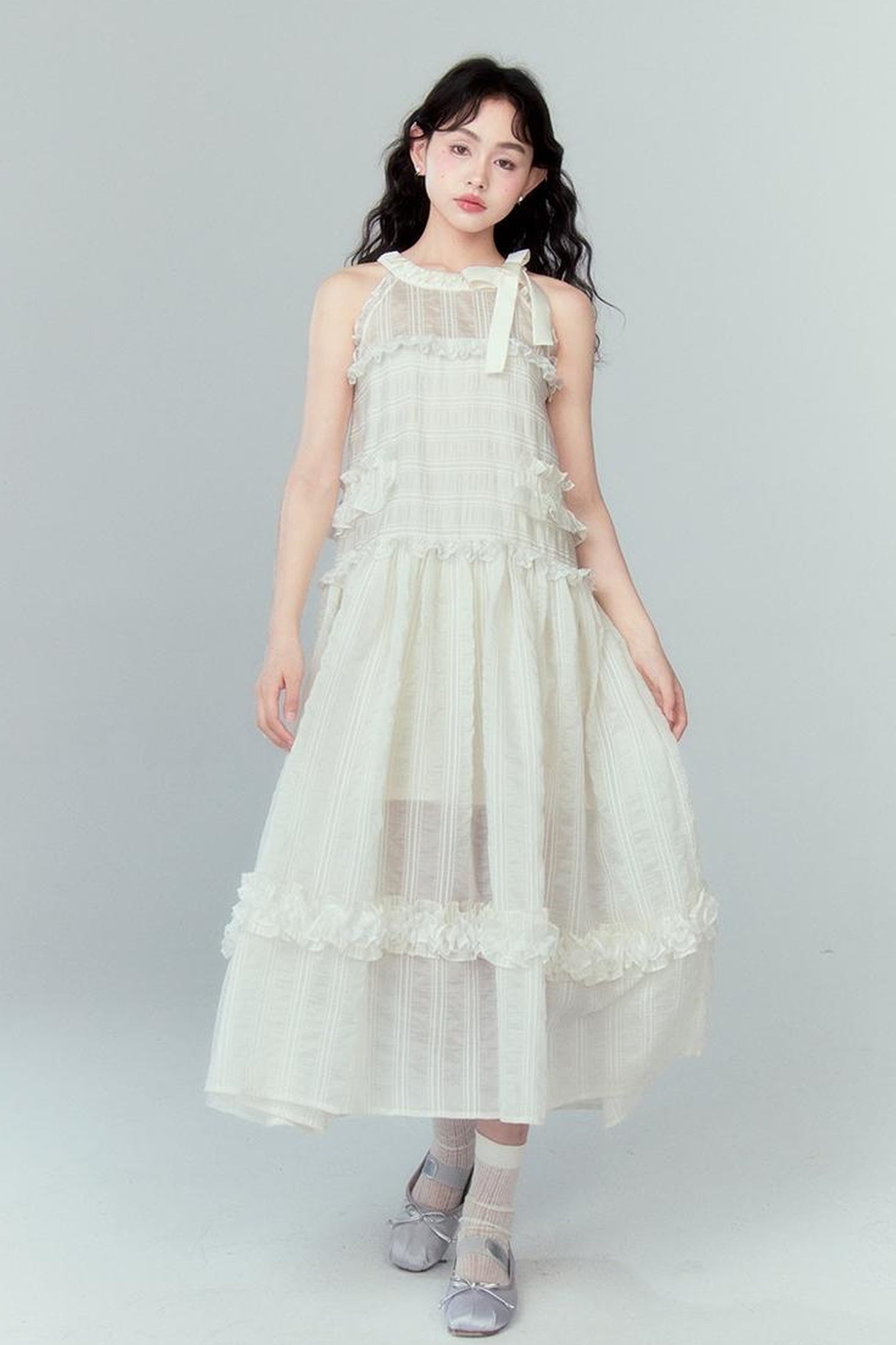 DIDDI MODA High Waisted Bow Neck Ruffled A Line Pink Vacation Dress