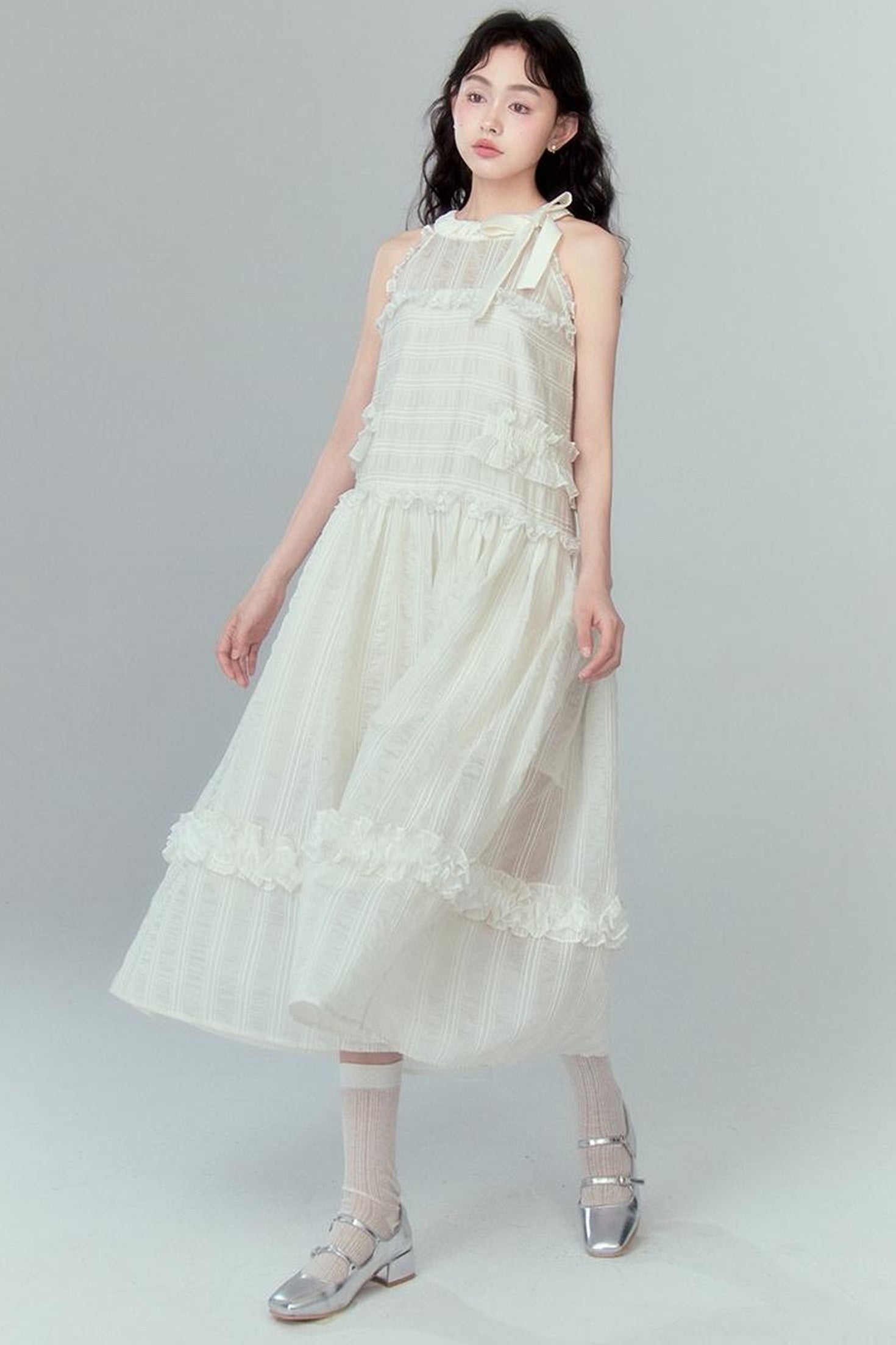 DIDDI MODA High Waisted Bow Neck Ruffled A Line Pink Vacation Dress