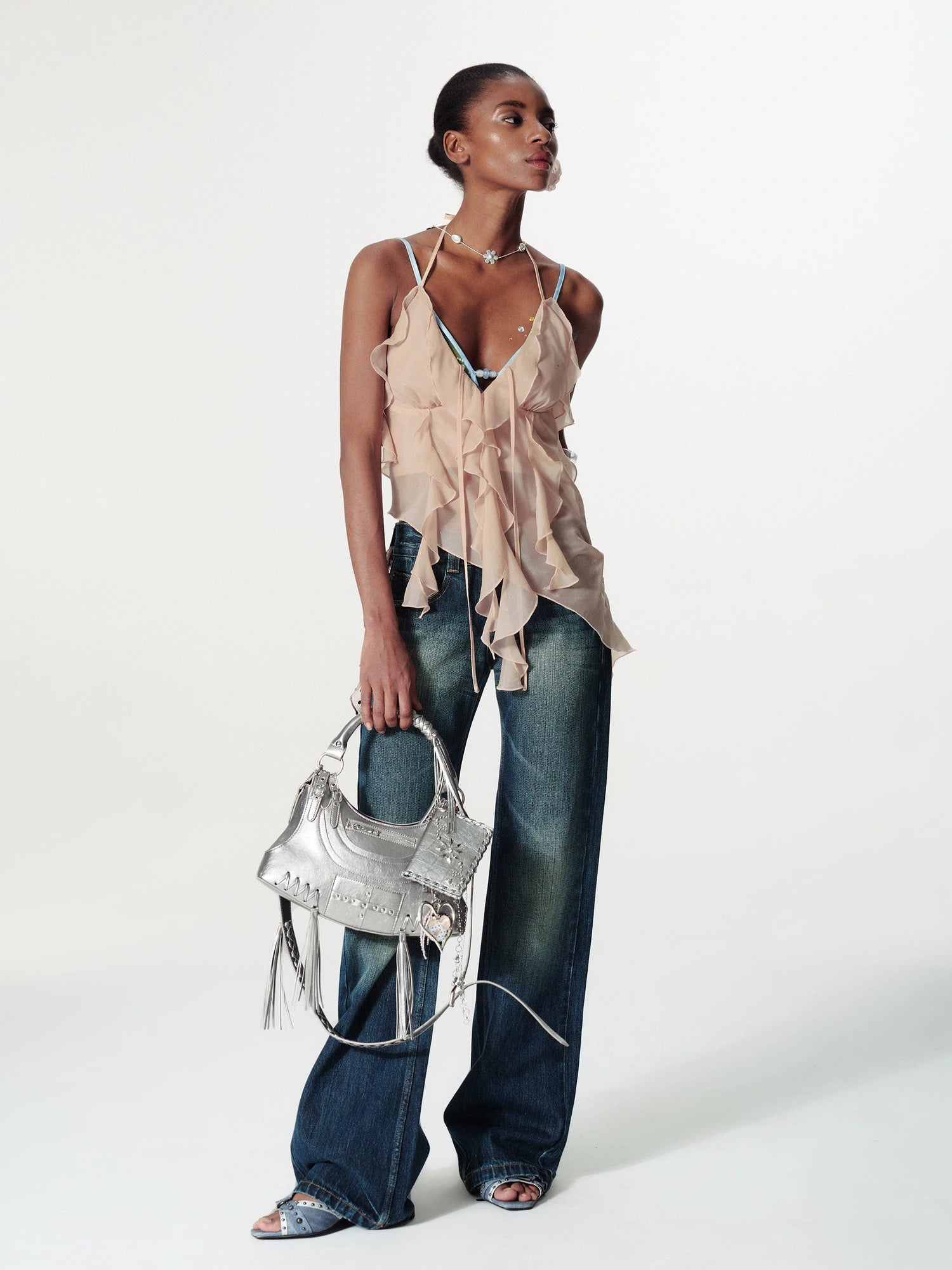 V Neck Lace Up Backless Peplum Halter Top With Ruffles