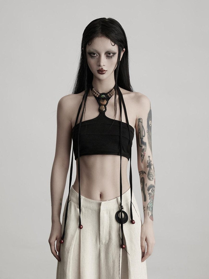 INDULGE 3D Embellished Original Design Fitted Cropped Black Polyester Spandex Halter Tops