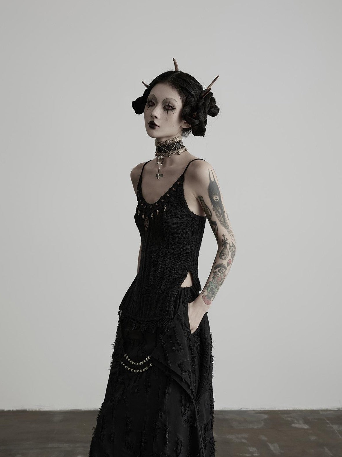 INDULGE 3d Embellished Slit Wool Knit U Neck Women&