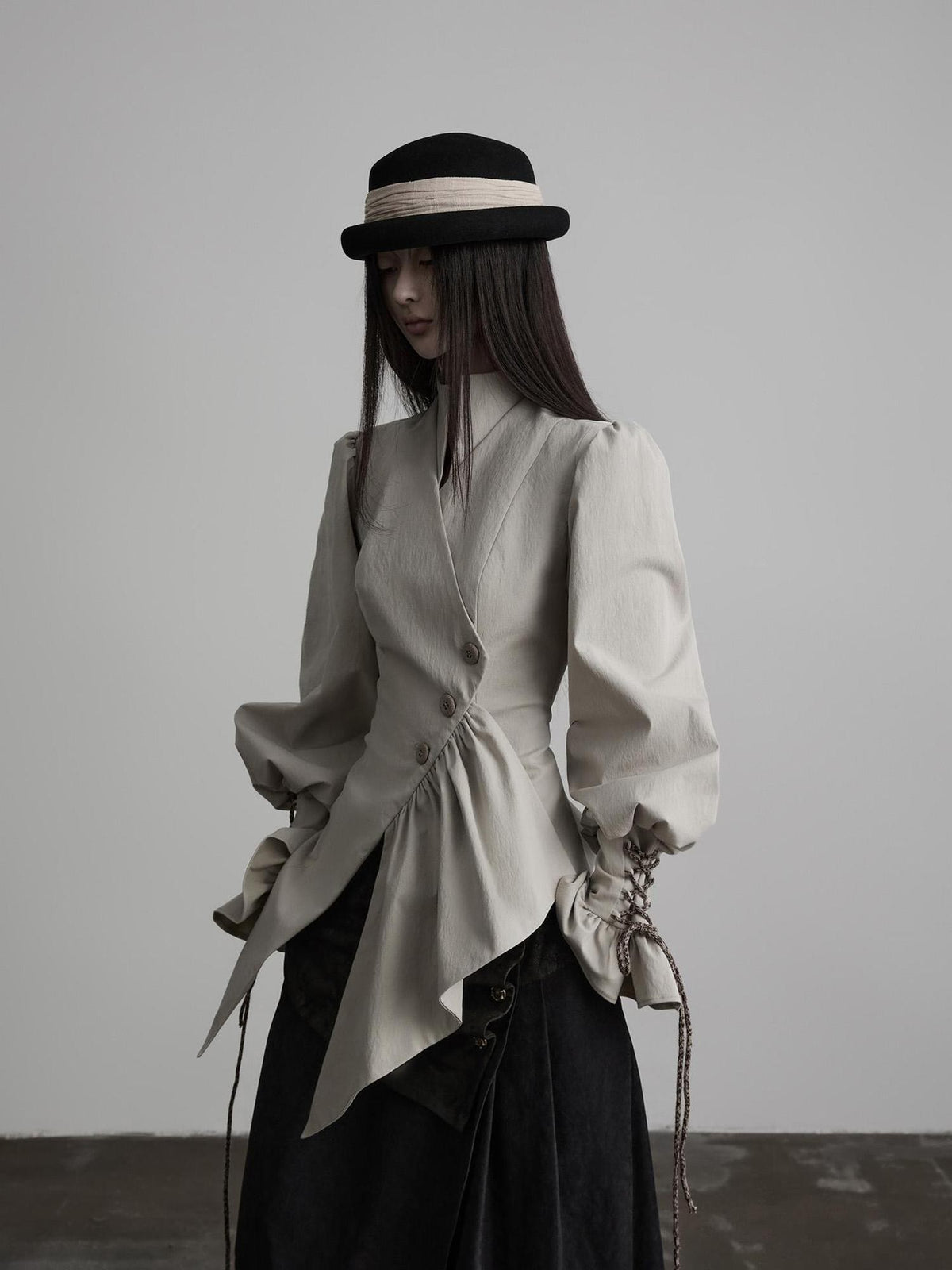 INDULGE Asymmetric Button Stand Collar Ruched Deconstructed Waist Tie Women&