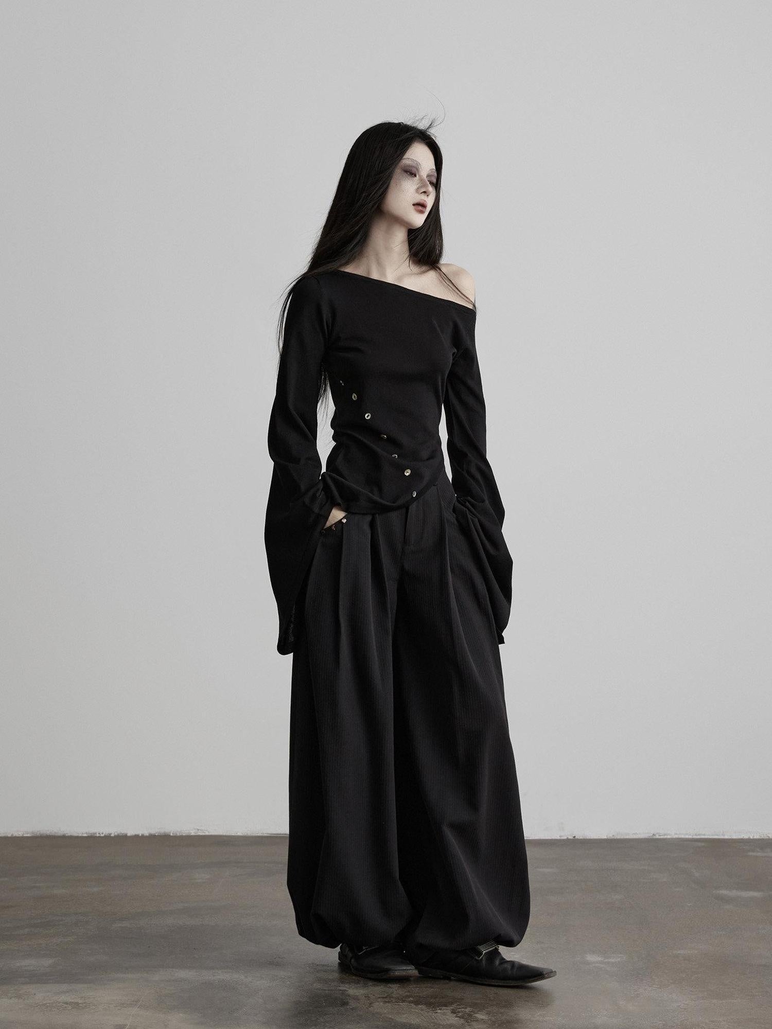 INDULGE Asymmetrical Dark Goth Long Sleeve Black Lyocell Women Off-Shoulder T-Shirts